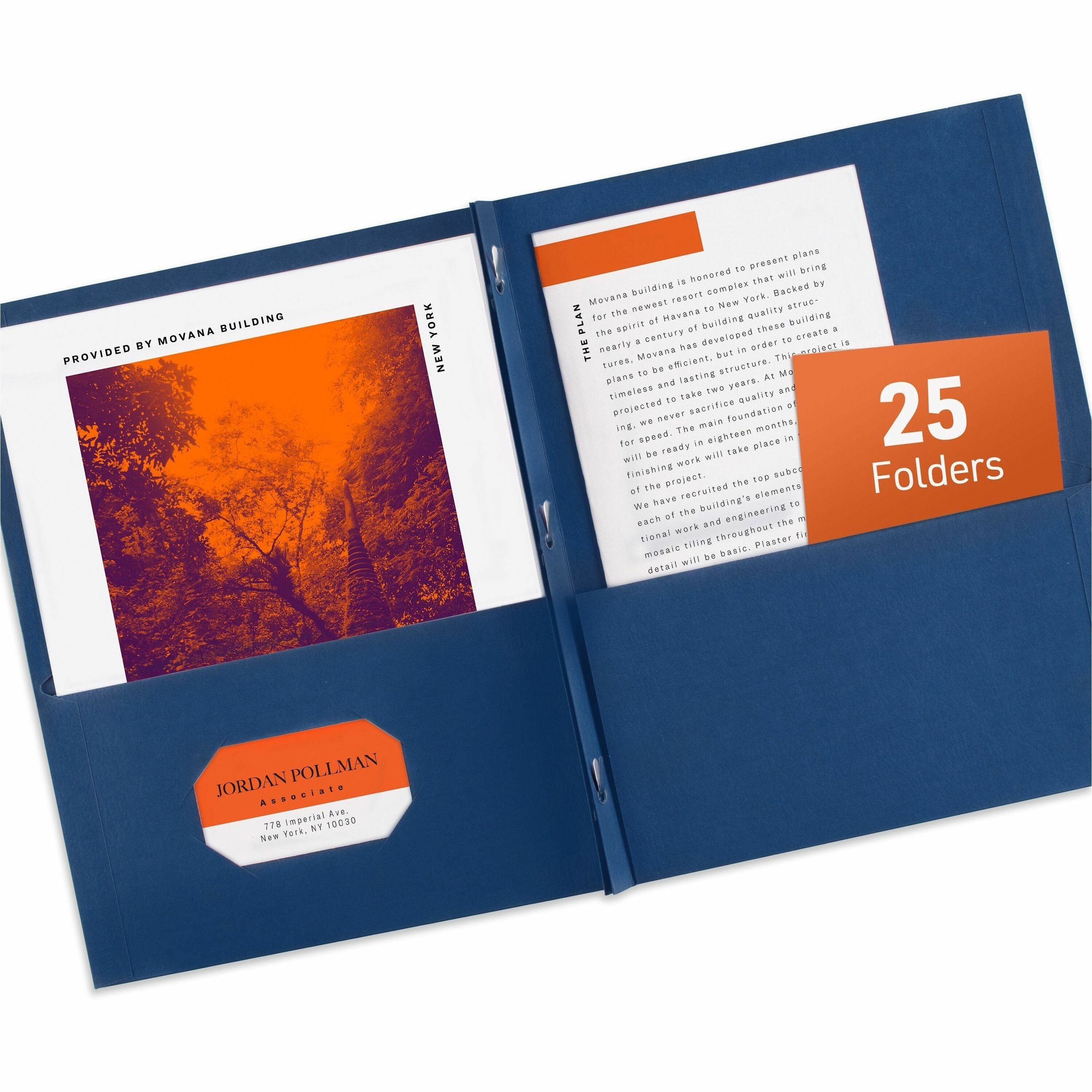 Avery&reg; Letter Report Cover - 8 1/2" x 11" - 70 Sheets Capacity - 3 x 3-prong Fastener Fastener(s) - 1/2" for Folder - 2 Internal Pocket(s) - Paper - Dark Blue - 0% Recycled - 25 / Box