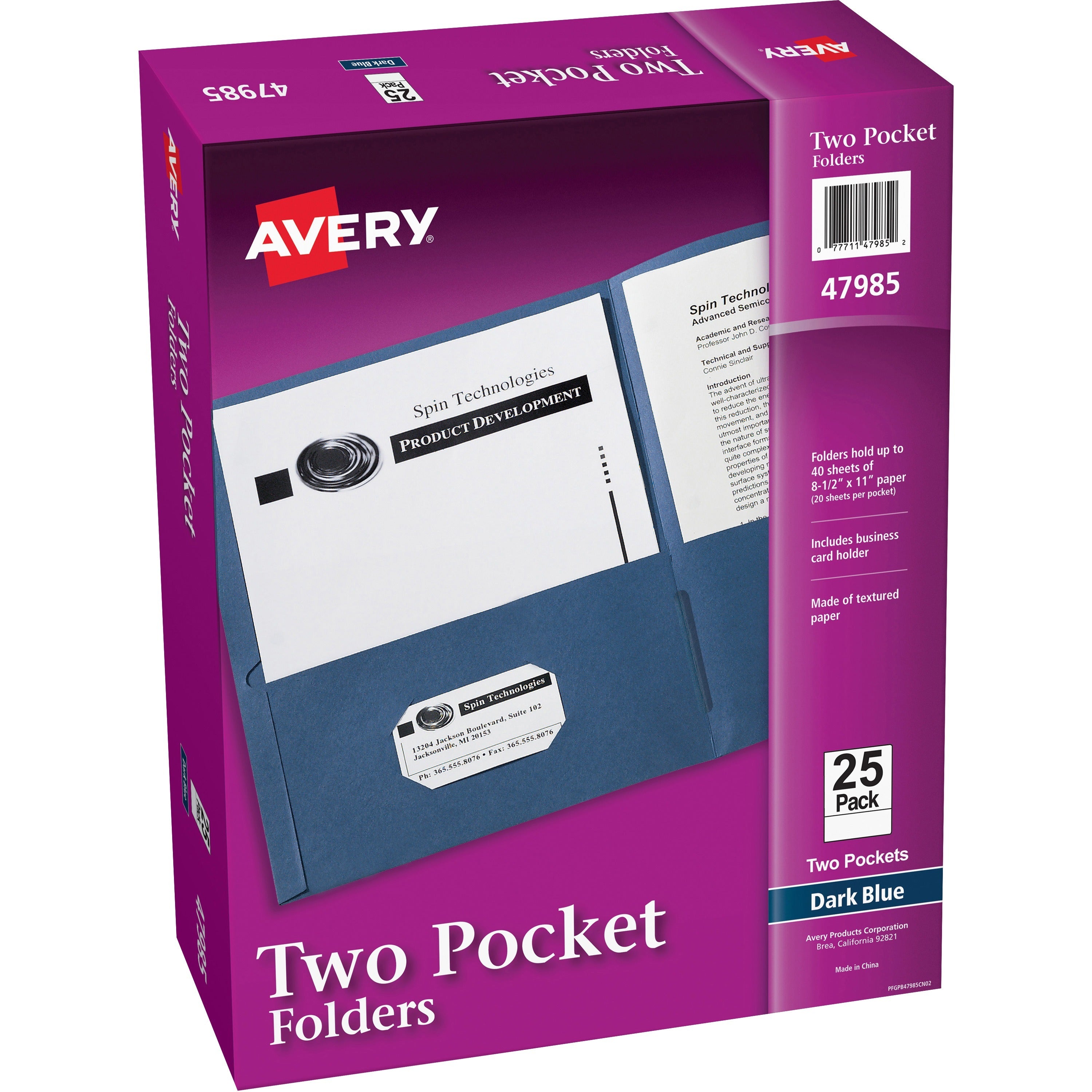 Avery&reg; Letter Pocket Folder - 8 1/2" x 11" - 40 Sheets Capacity - 2 Internal Pocket(s) - Paper - Dark Blue - 0% Recycled - 25 / Box