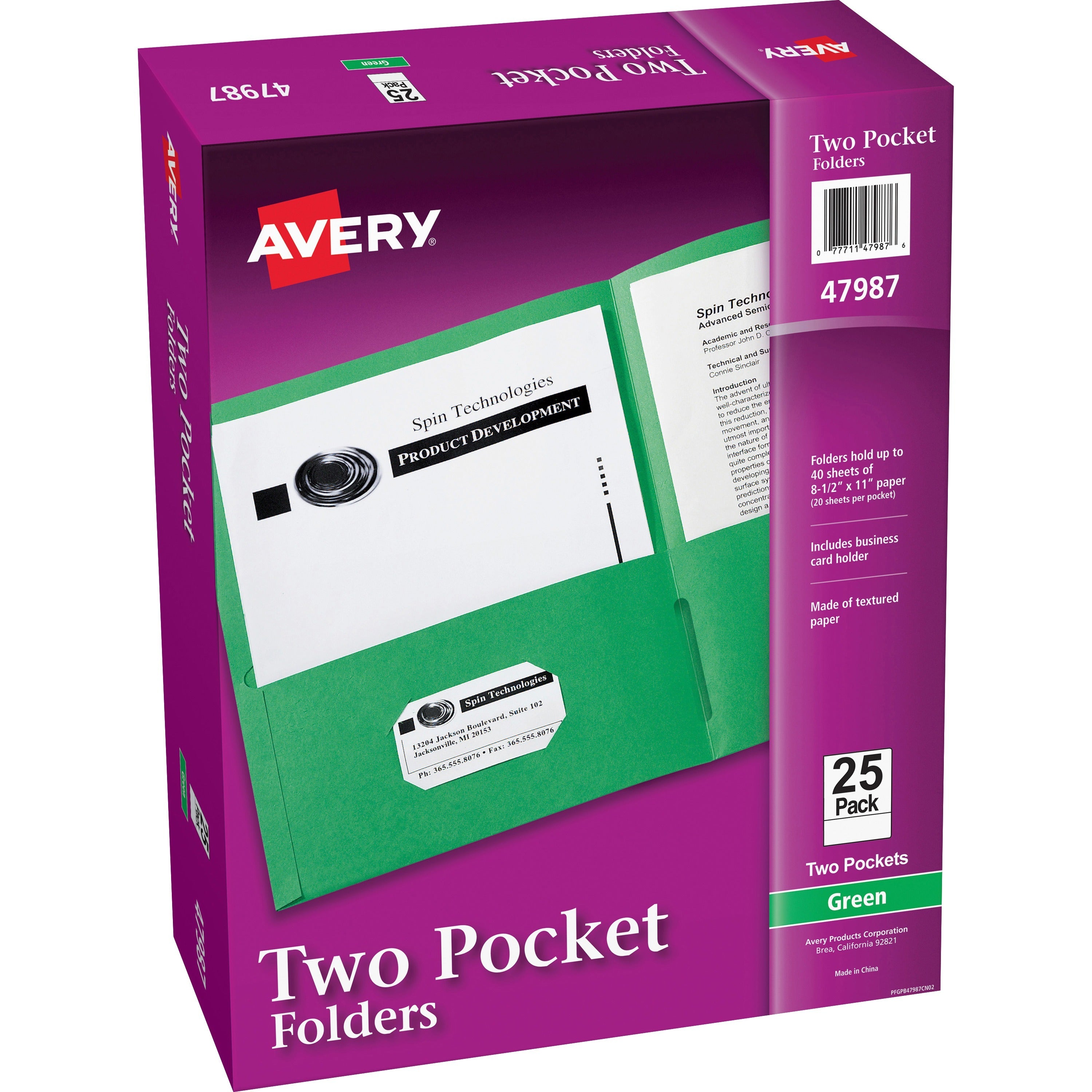 Avery&reg; Letter Pocket Folder - 8 1/2" x 11" - 40 Sheets Capacity - 2 Internal Pocket(s) - Paper - Green - 0% Recycled - 25 / Box