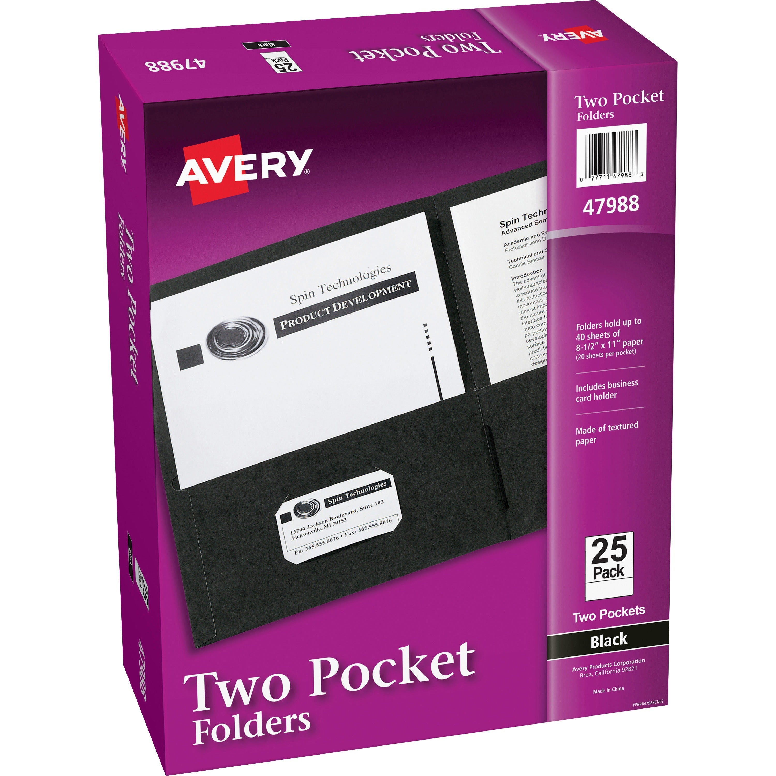 Avery&reg; Letter Pocket Folder - 8 1/2" x 11" - 40 Sheets Capacity - 2 Internal Pocket(s) - Paper - Black - 0% Recycled - 25 / Box