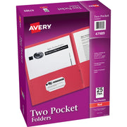 Avery&reg; Letter Pocket Folder - 8 1/2" x 11" - 40 Sheets Capacity - 2 Internal Pocket(s) - Paper - Red - 0% Recycled - 25 / Box