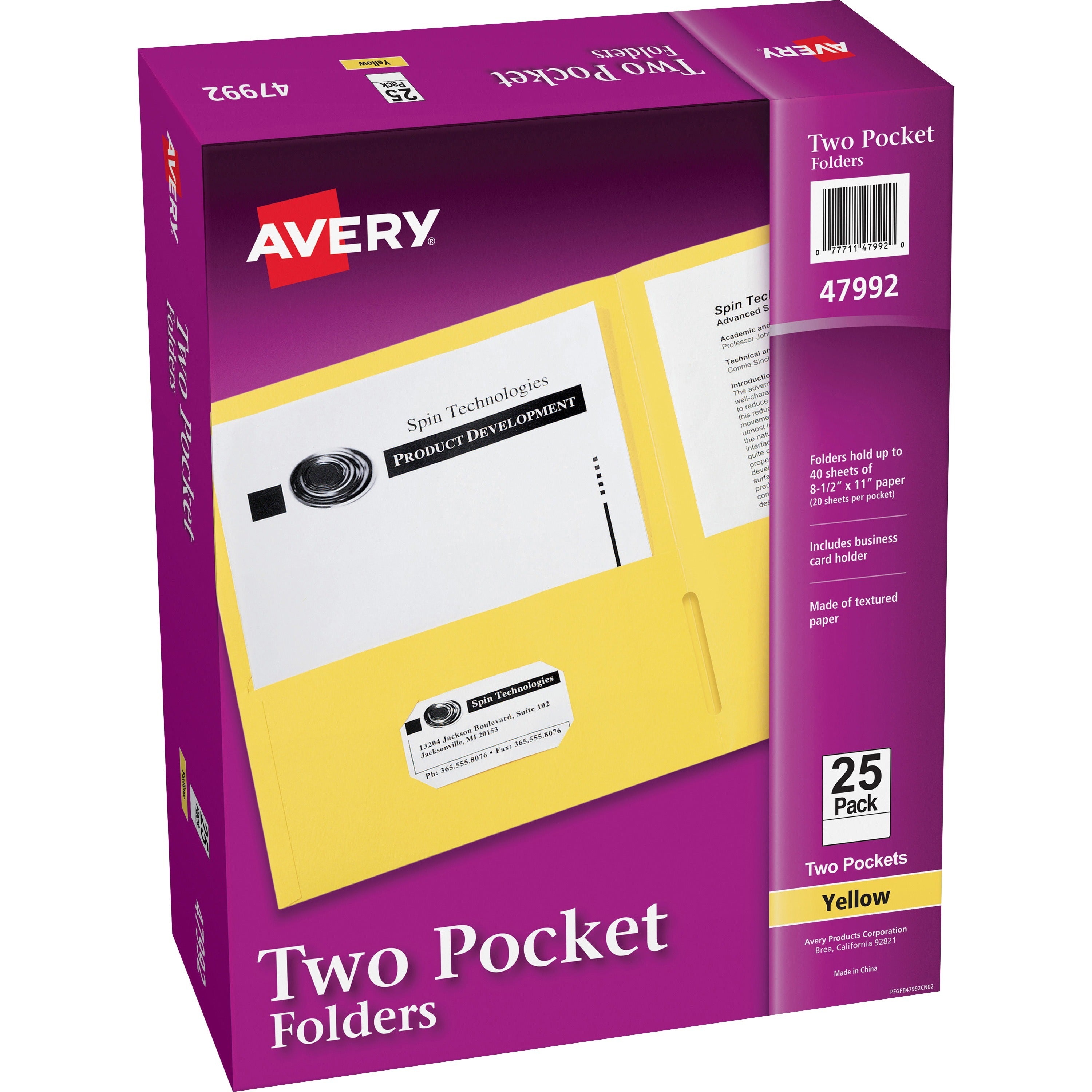 Avery&reg; Letter Pocket Folder - 8 1/2" x 11" - 40 Sheets Capacity - 2 Internal Pocket(s) - Paper - Yellow - 0% Recycled - 25 / Box