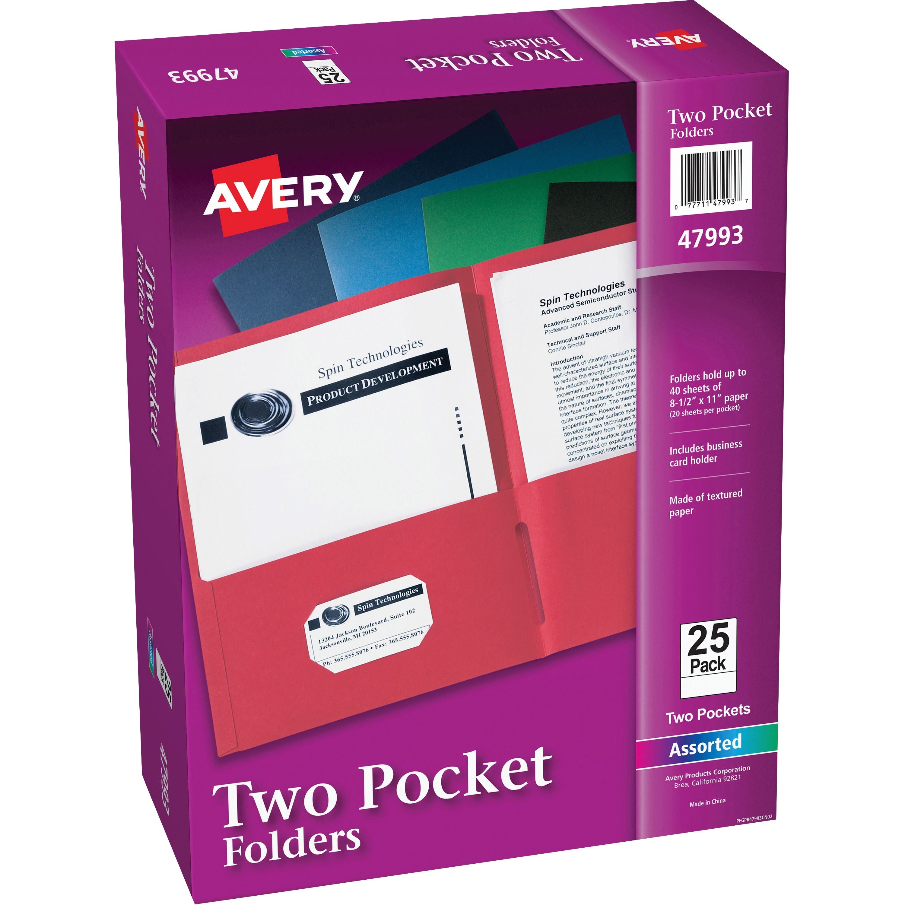 Avery&reg; Letter Pocket Folder - 8 1/2" x 11" - 40 Sheets Capacity - 2 Internal Pocket(s) - Paper - Assorted - 0% Recycled - 25 / Box