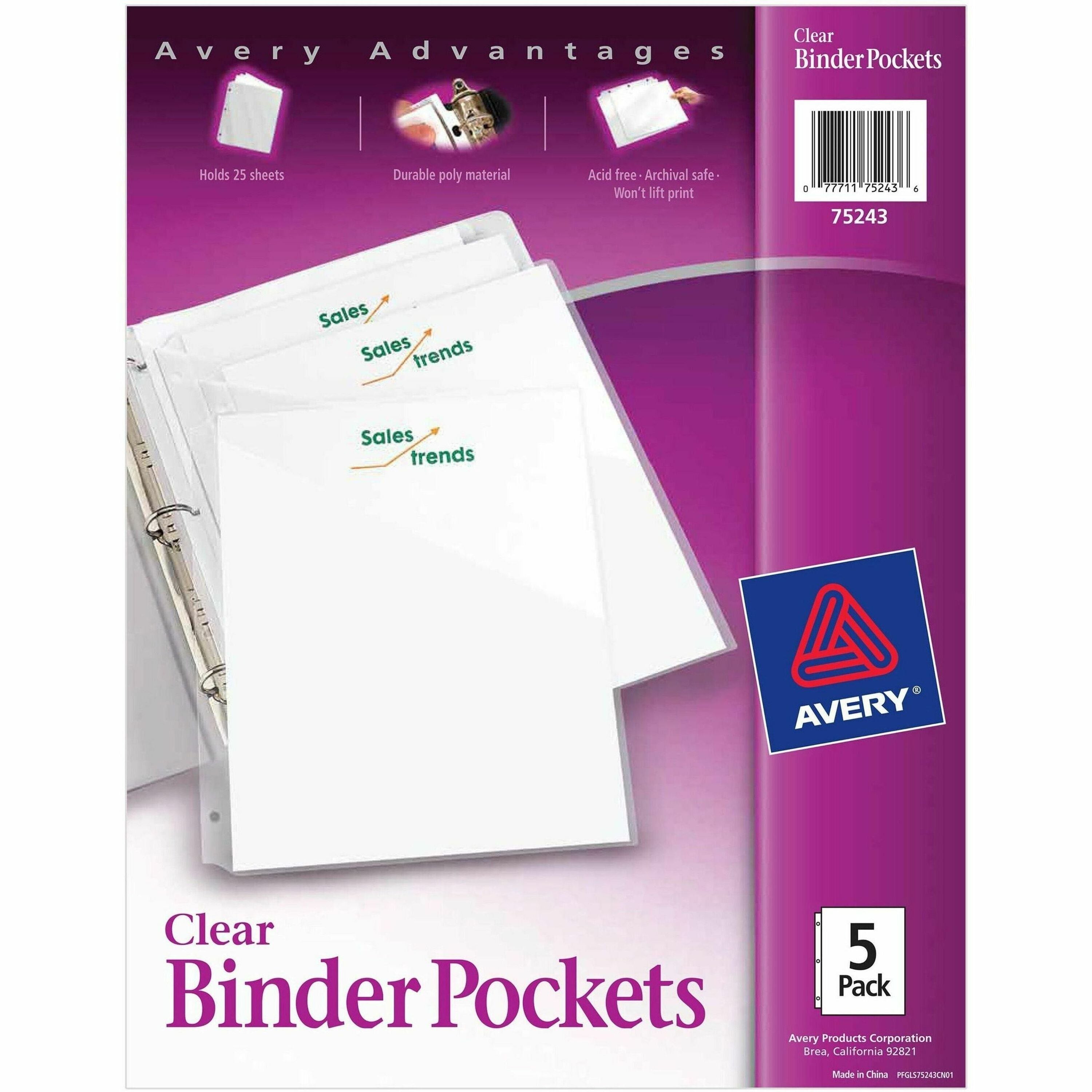 8 1/2" x 11" - 20 Sheets Capacity - 3 Pocket(s) - Polypropylene, Plastic - Clear - 0% Recycled - 5 / Pack