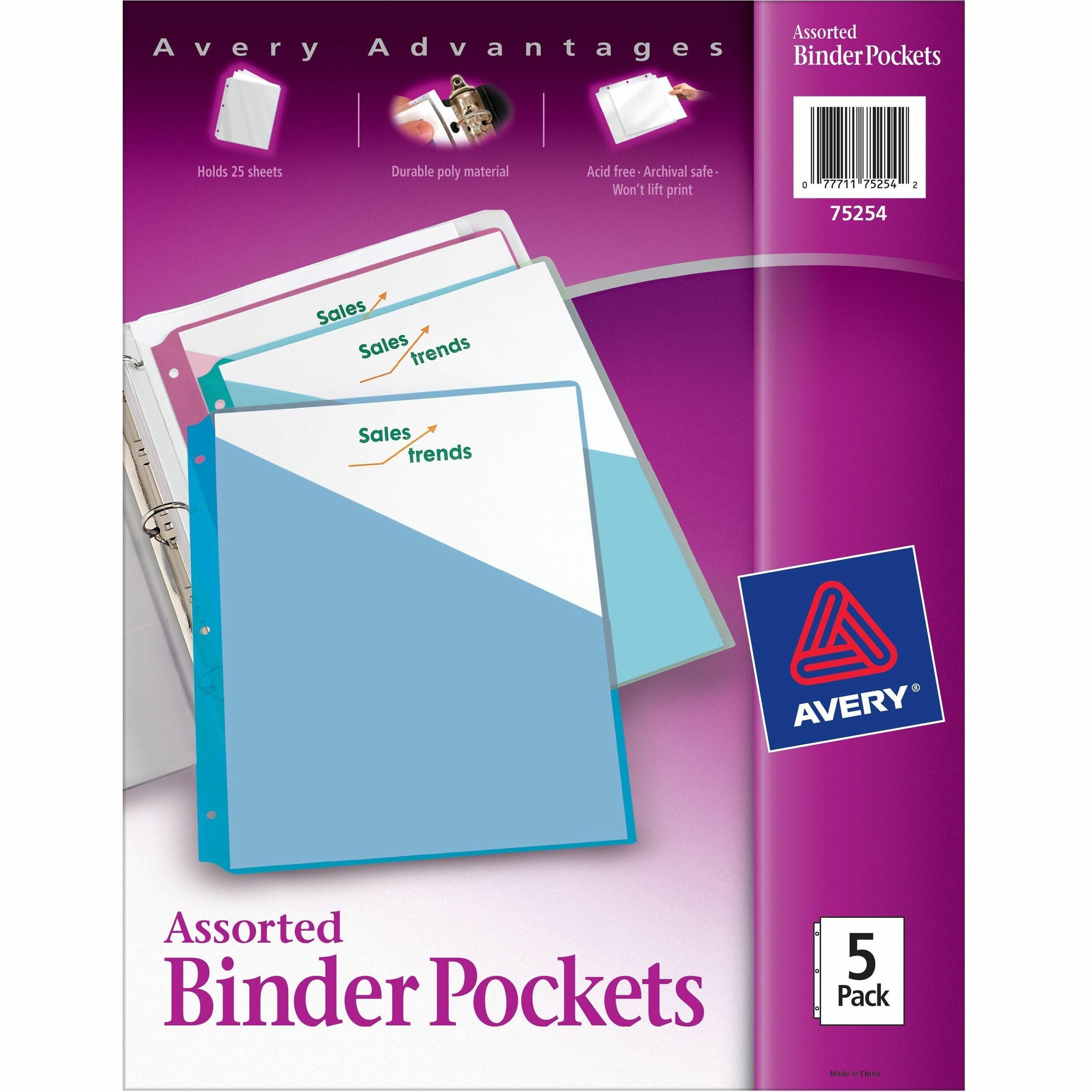8 1/2" x 11" - 20 Sheets Capacity - 3 Pocket(s) - Polypropylene - Assorted - Tear Resistant, Acid-free, Archival-safe, PVC-free, Durable - 5 / Pack