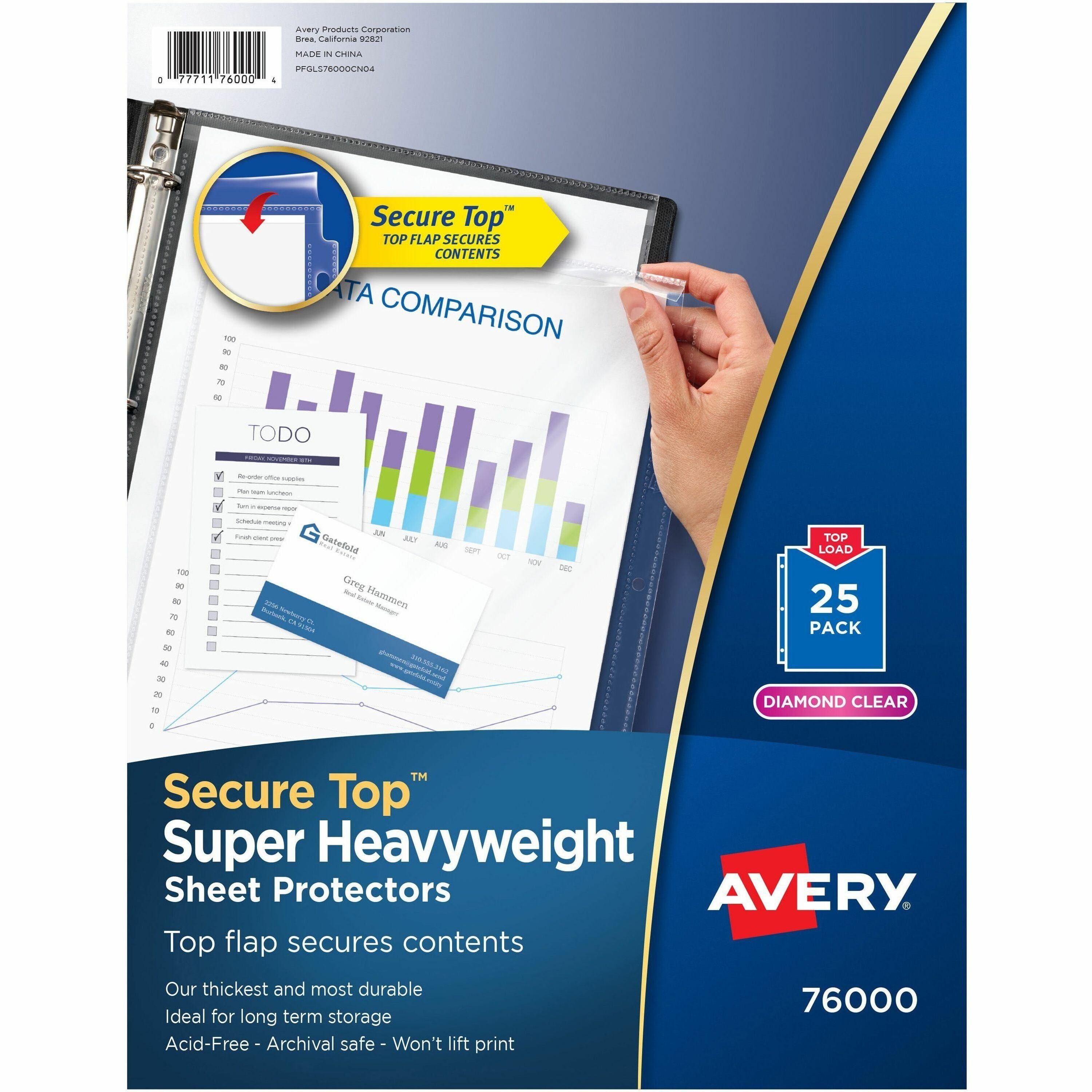 Avery&reg; Secure Top Sheet Protectors - For Letter 8 1/2" x 11" Sheet - 3 x Holes - Ring Binder - Top Loading - Clear - Polypropylene - 1 Pack