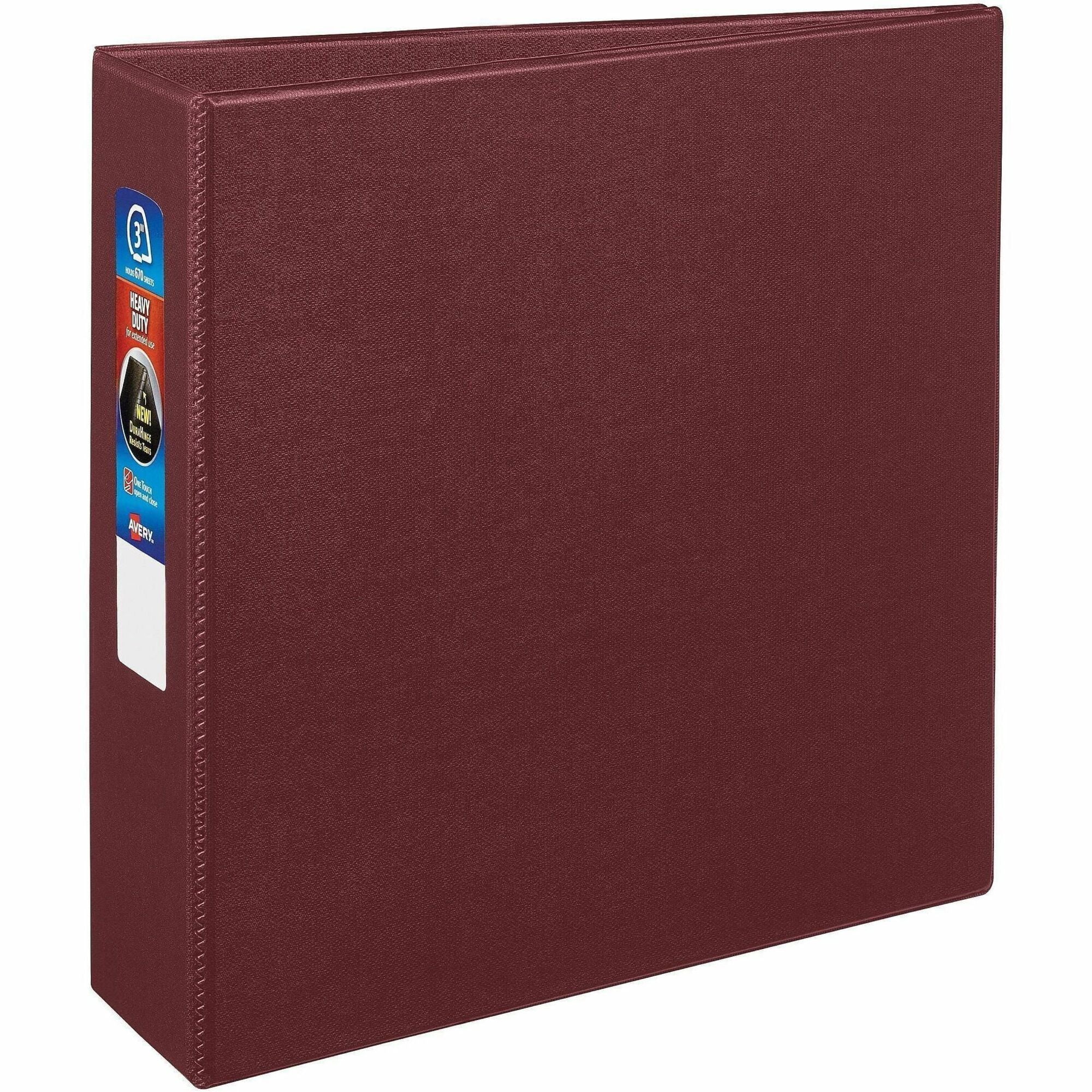 Avery Heavy-Duty Binder, One Touch EZD Rings, 3" Capacity, 3 Rings, 670 Sheet, 4 Internal Pockets, Letter Size, Maroon, Polypropylene, Recycled, 1 Each