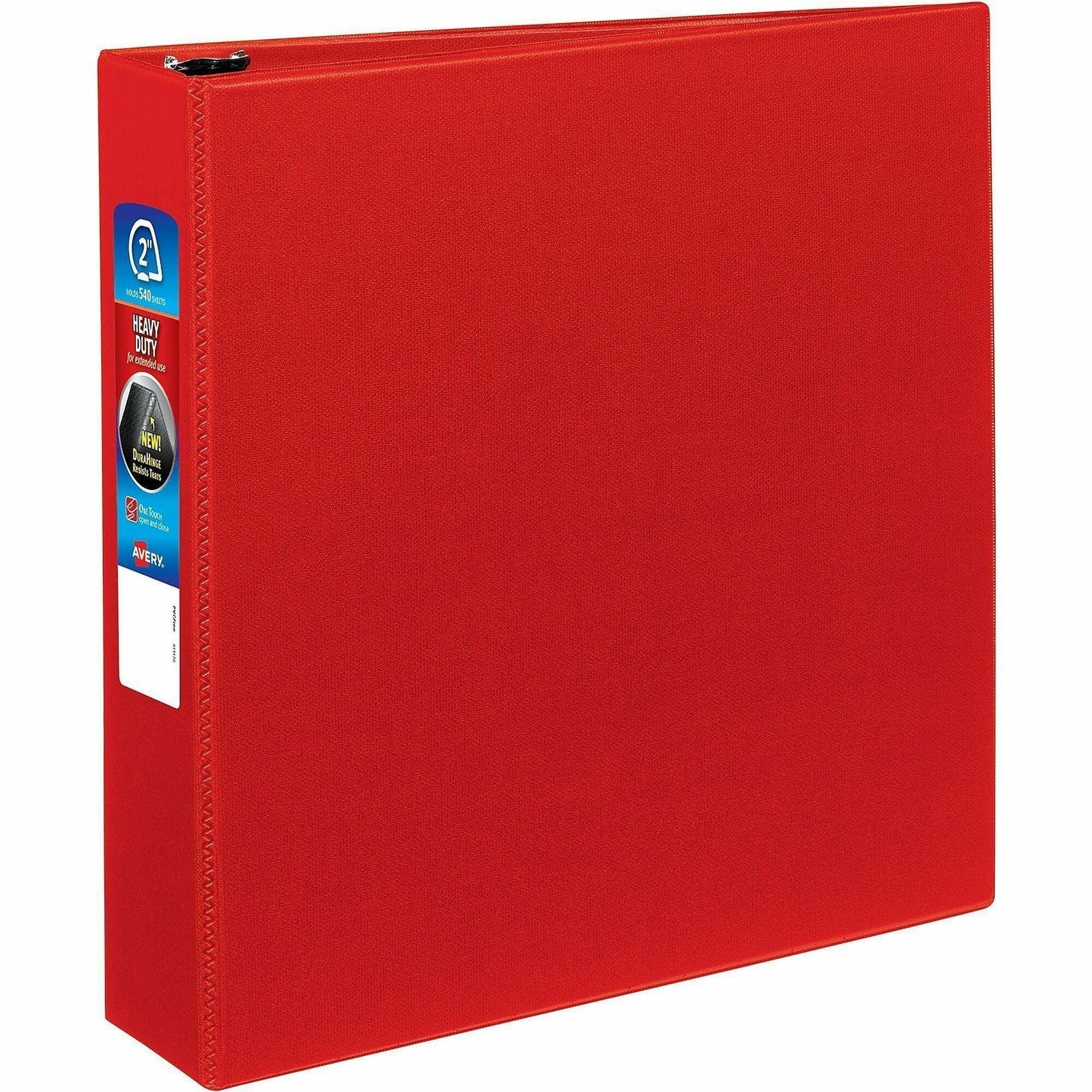 Avery Heavy-Duty DuraHinge Binder, 2" One-Touch Rings, 540-Sheet Capacity, 4 Internal Pockets, Letter Size, Red, Polypropylene, Recycled, 1 Each