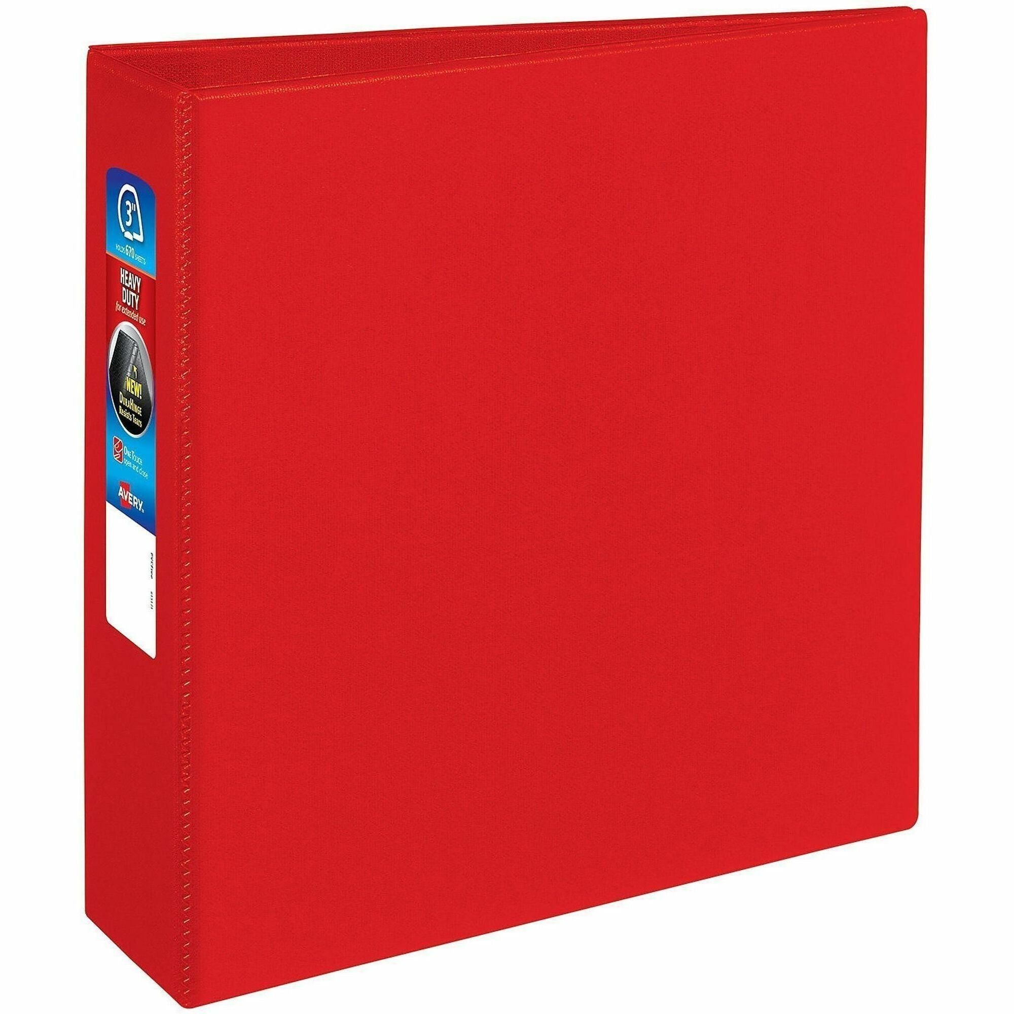 Avery Heavy-Duty Binder with One Touch EZD 3" Rings, 670-Sheet Capacity, Letter Size, 4 Internal Pockets, Red, Polypropylene, Recycled, 1 Each