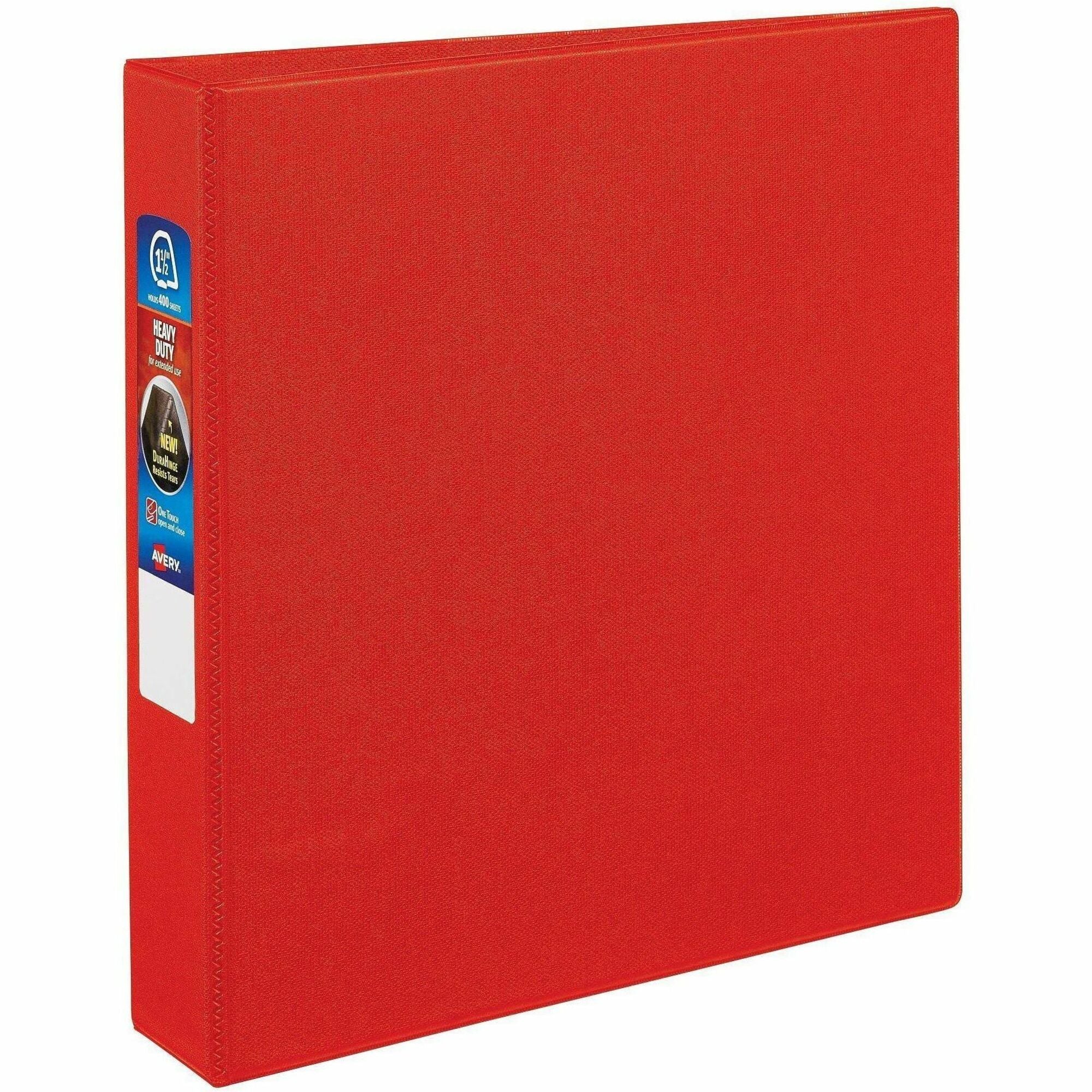 Avery Heavy-Duty DuraHinge Binder, 1.5" One-Touch Rings, 400 Sheet Capacity, 4 Internal Pockets, Letter Size, Red, 1 Each