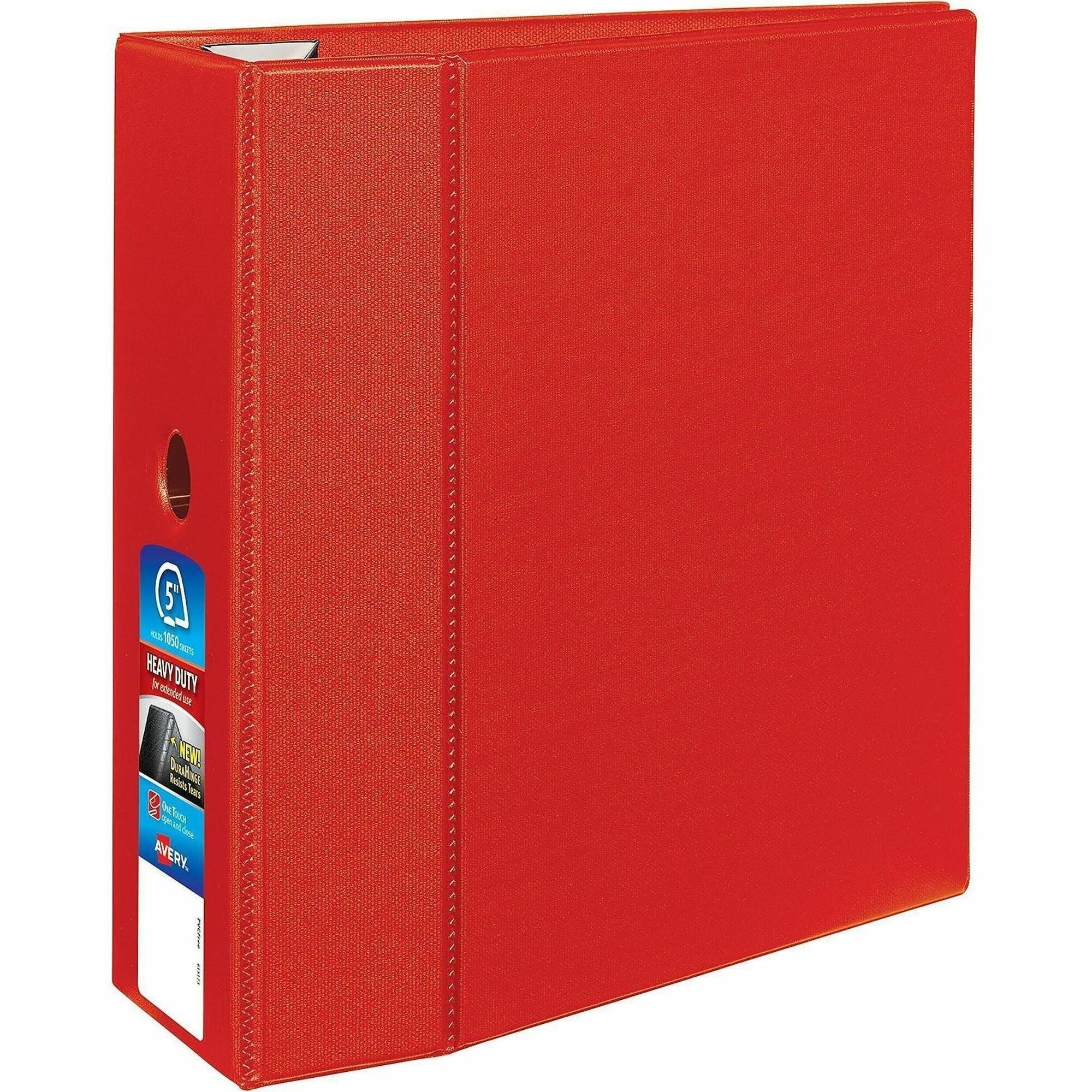 Avery Heavy-Duty 5" Red Binder, 3 Locking One Touch EZD Rings, 1050-Sheet Capacity, 4 Internal Pockets, Letter Size, Polypropylene, Recycled, 1 Each