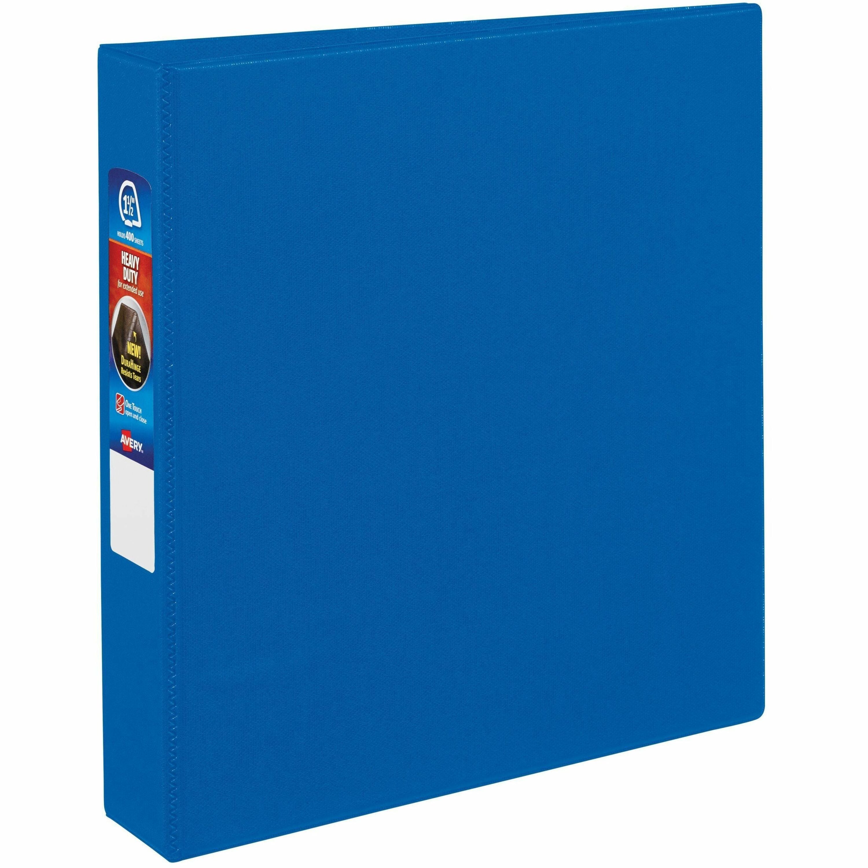 Avery Heavy-Duty DuraHinge Binder, 1.5" One-Touch Rings, 400-Sheet Capacity, 4 Internal Pockets, Letter Size, Blue, 1 Each