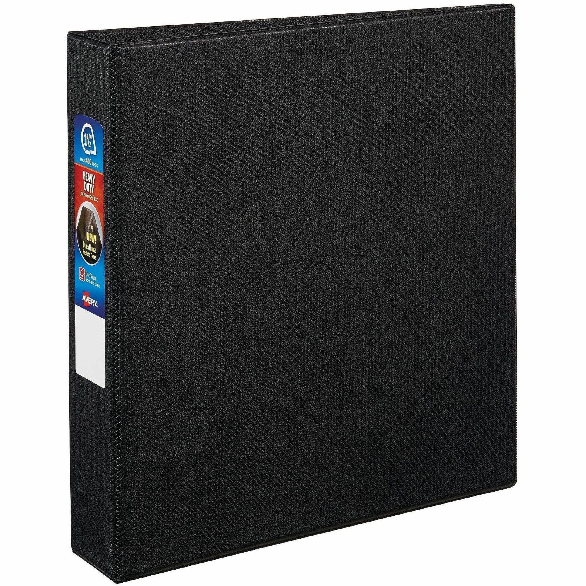 Avery Heavy-Duty Binder, DuraHinge, One-Touch Locking Rings, 1.5" Capacity, 400 Sheets, 4 Internal Pockets, Black, Polypropylene, Recycled, 1 Each