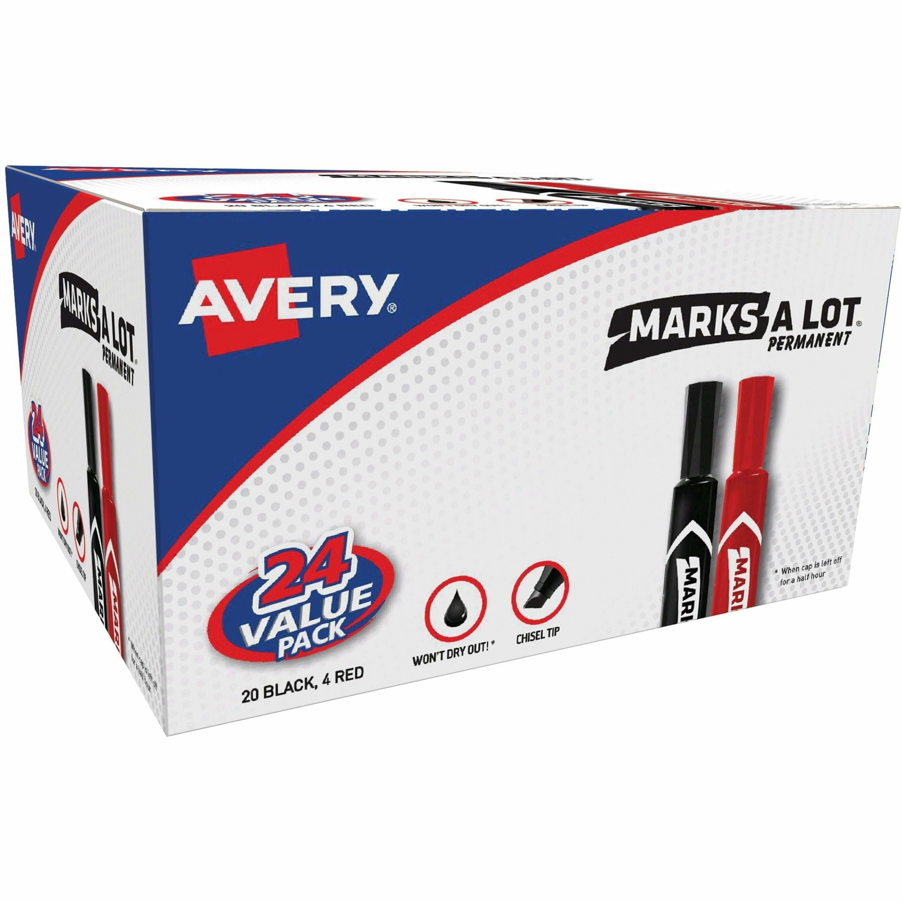 Avery&reg; Marks A Lot Permanent Markers - 4.762500 mm Chisel Marker Point - Red, Black Ink - 24 / Box