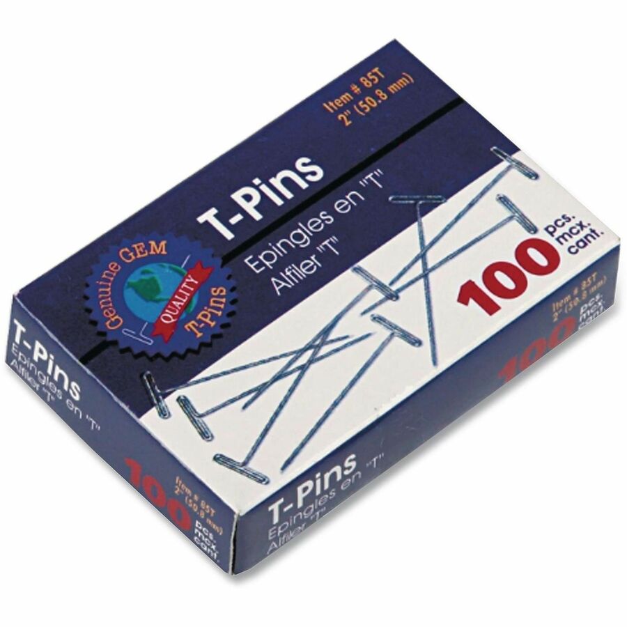 Gem Office Products T-pins - 1.5" Length - Nickel - Steel - 100 / Box