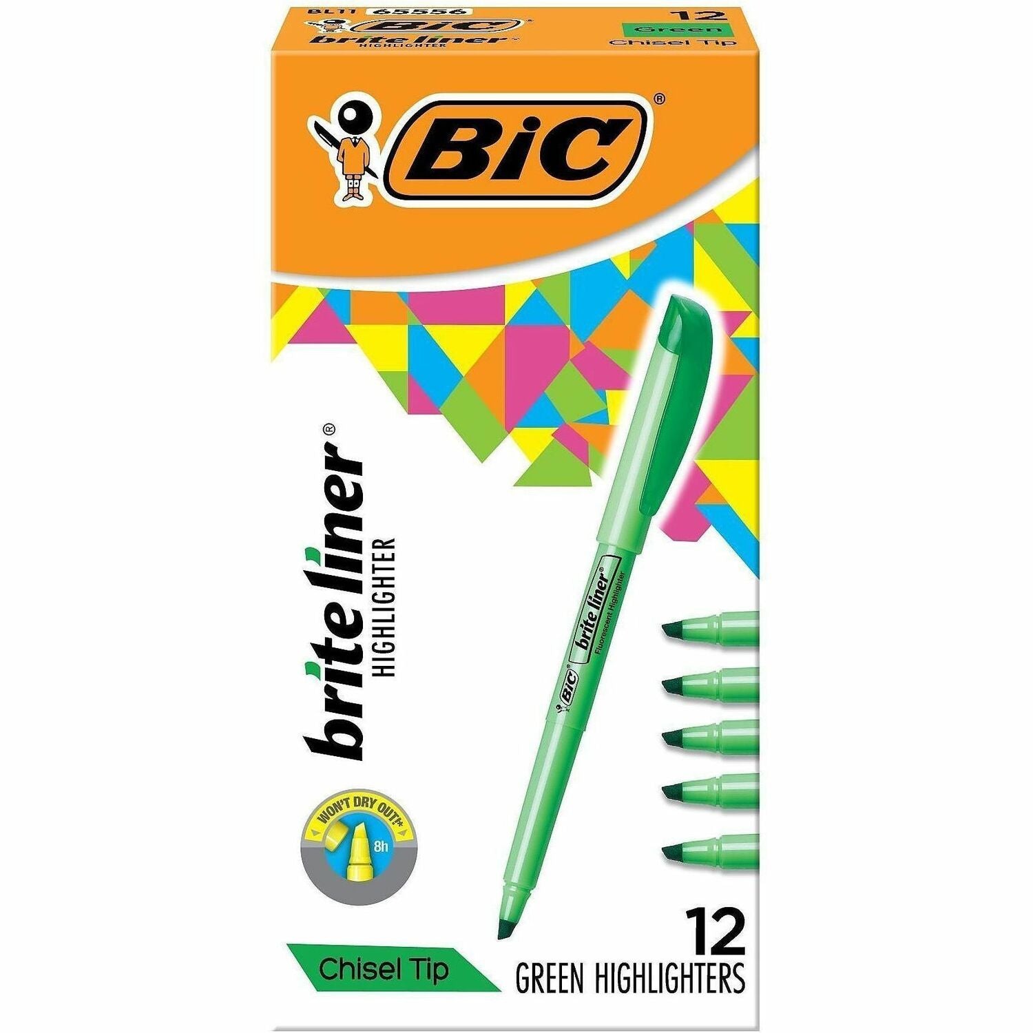 BIC Brite Liner Highlighters - Chisel Marker Point - Fluorescent Green Ink - Water Based - 1 Dozen