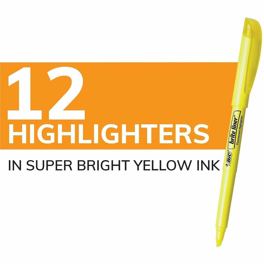 BIC Brite Liner Highlighters - Chisel Marker Point - Fluorescent Yellow Ink - Water Based - 1 Dozen