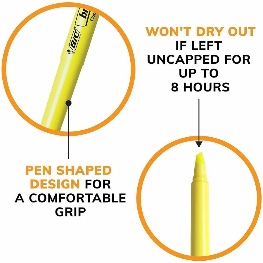 BIC Brite Liner Highlighters - Chisel Marker Point - Fluorescent Yellow Ink - Water Based - 1 Dozen
