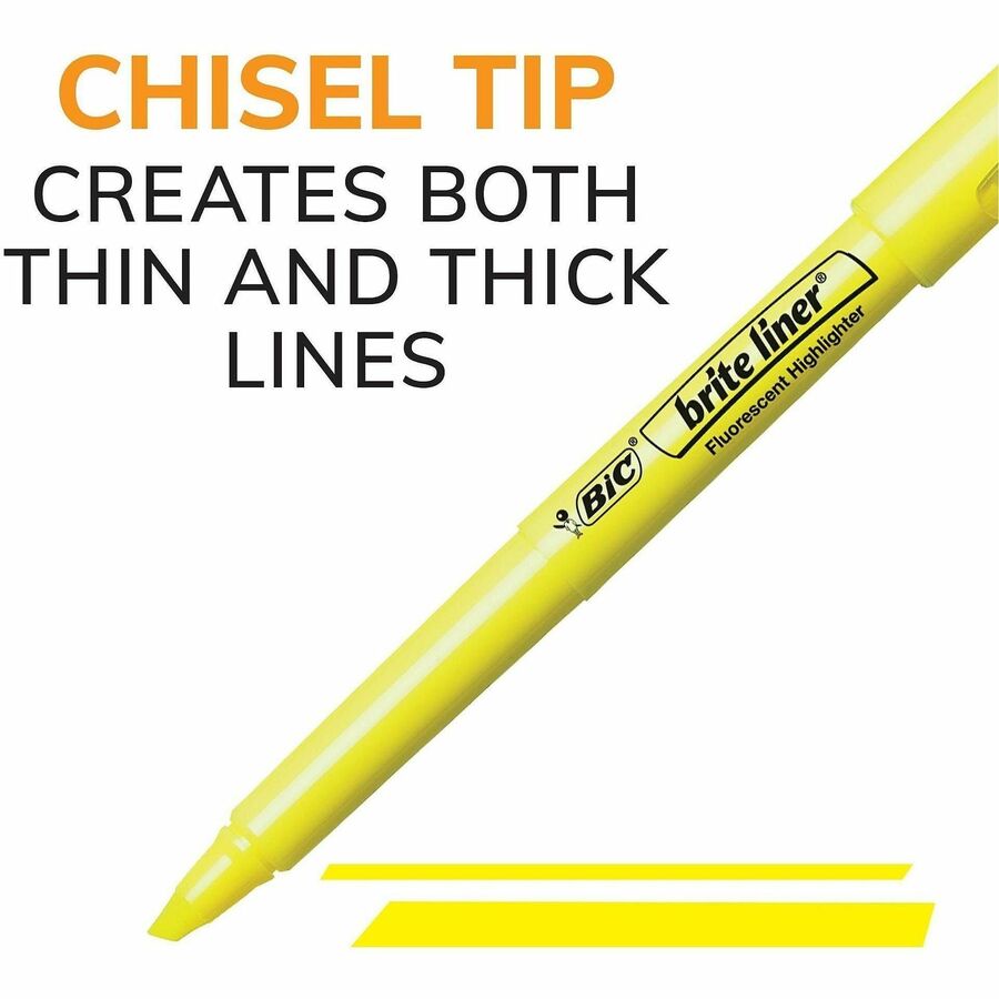 BIC Brite Liner Highlighters - Chisel Marker Point - Fluorescent Yellow Ink - Water Based - 1 Dozen