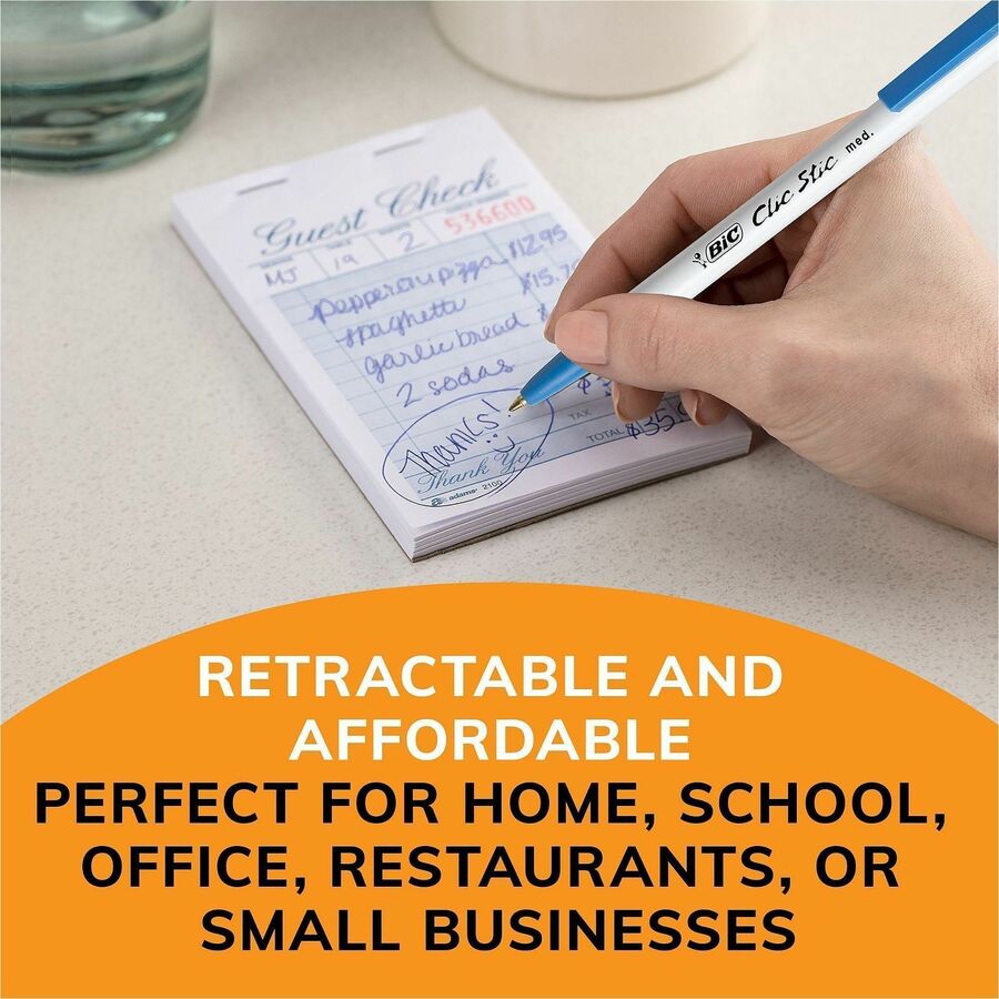 BIC Clic Stic Retractable Ballpoint Pens - Medium Round Pen Point - Retractable - Blue Ink - Clear Barrel - 1 Dozen