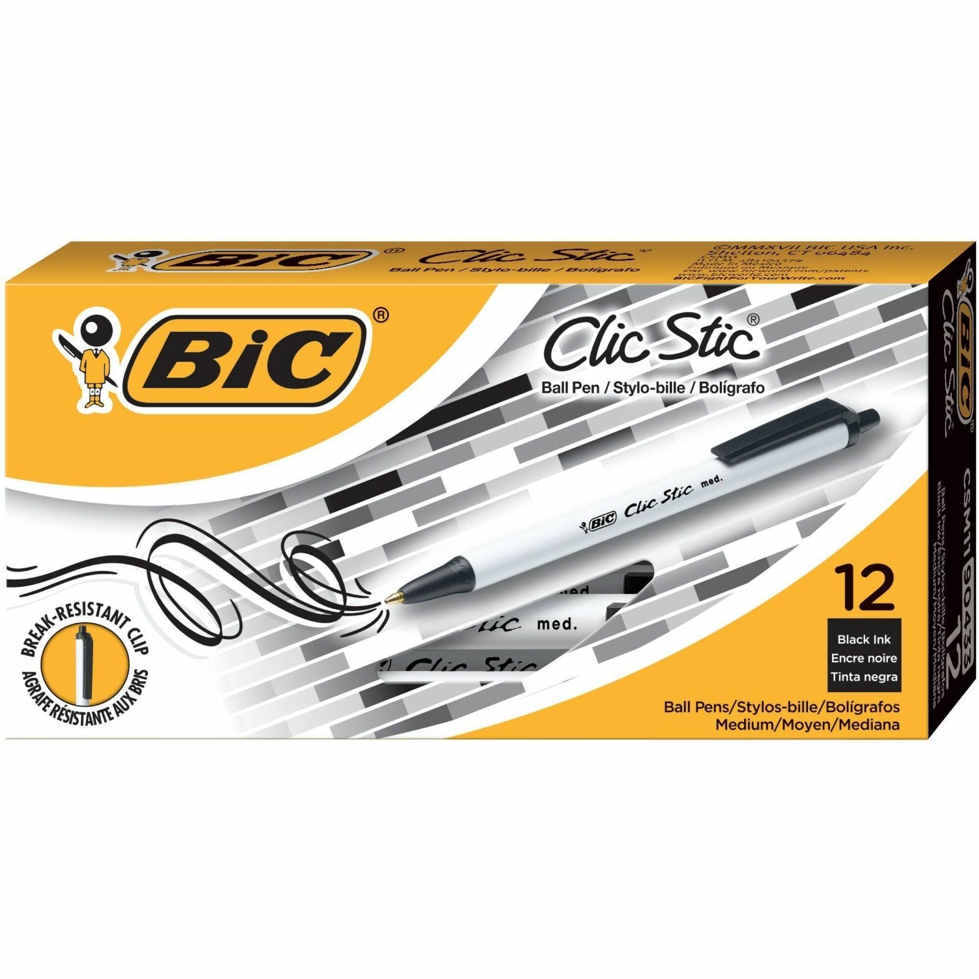 BIC Clic Stic Retractable Ballpoint Pens - Medium Pen Point - Retractable - Black Ink - White Barrel - 1 Dozen