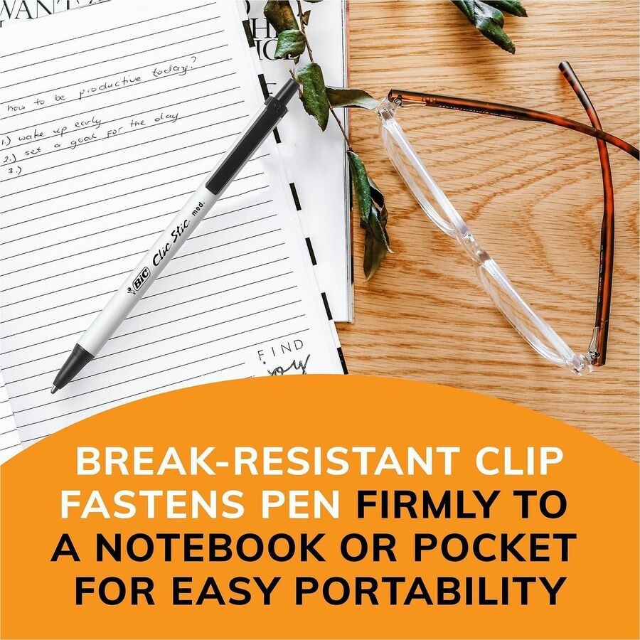 BIC Clic Stic Retractable Ballpoint Pens - Medium Pen Point - Retractable - Black Ink - White Barrel - 1 Dozen