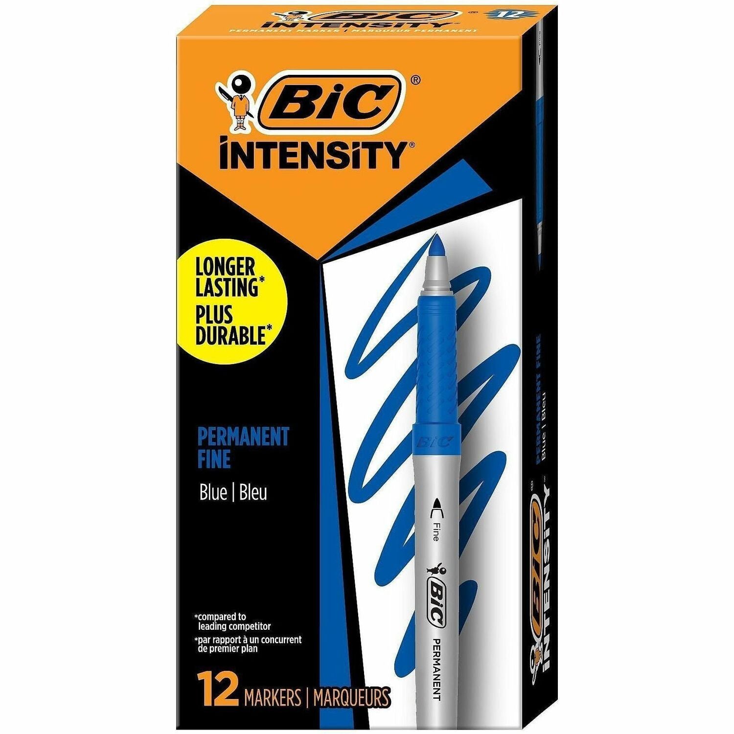 BIC Intensity Permanent Markers - Fine Marker Point - Blue Ink - Silver Barrel - 1 Dozen