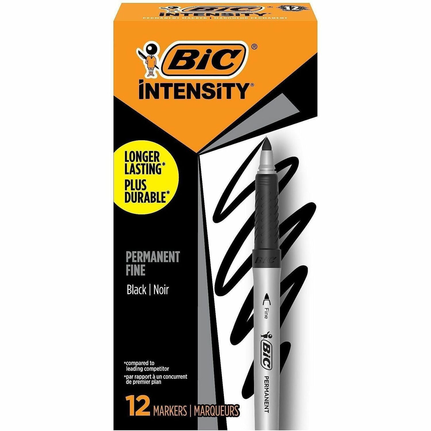 BIC Intensity Permanent Markers - Fine Marker Point - Black Ink - Silver Barrel - 1 Dozen