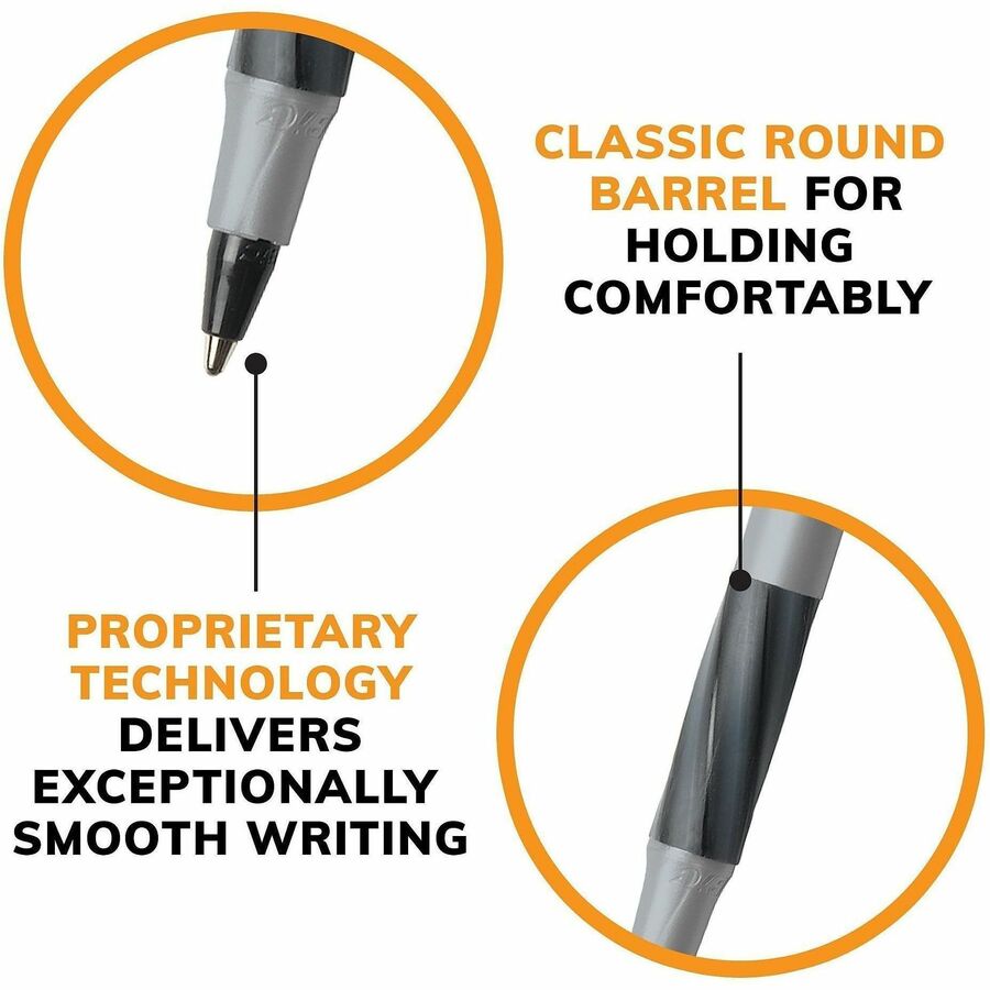 BIC Fine Point Round Stic Pens - Fine Pen Point - Black Ink - Gray Barrel - 1 Dozen