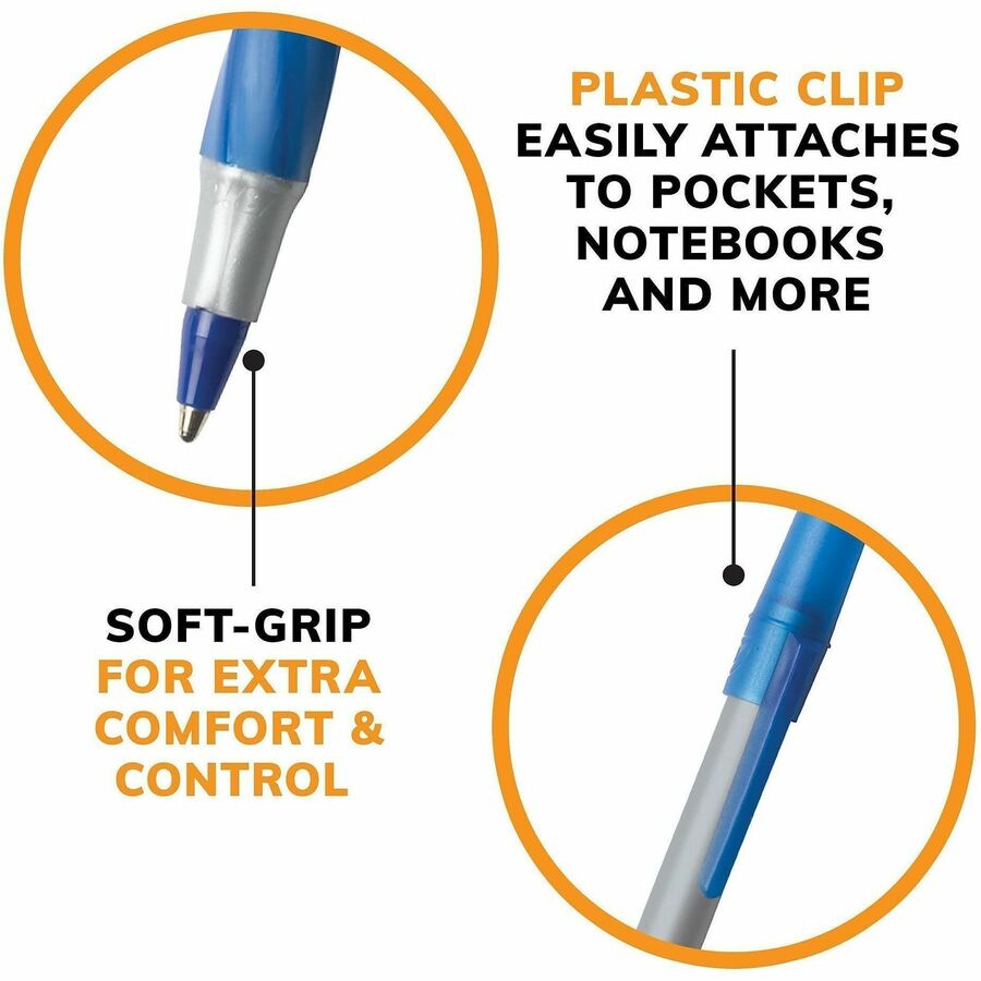 BIC Round Stic Grip Ballpoint Pen - Medium Pen Point - Blue Ink - Frost Barrel - 1 Dozen