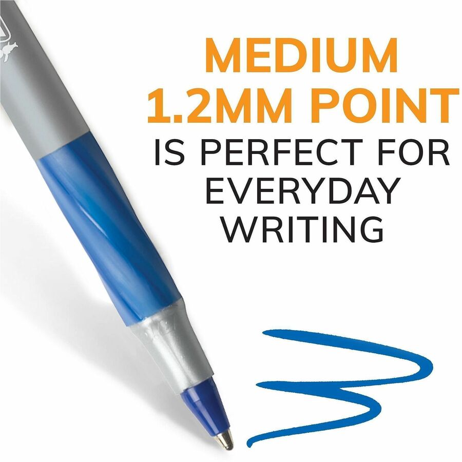 BIC Round Stic Grip Ballpoint Pen - Medium Pen Point - Blue Ink - Frost Barrel - 1 Dozen