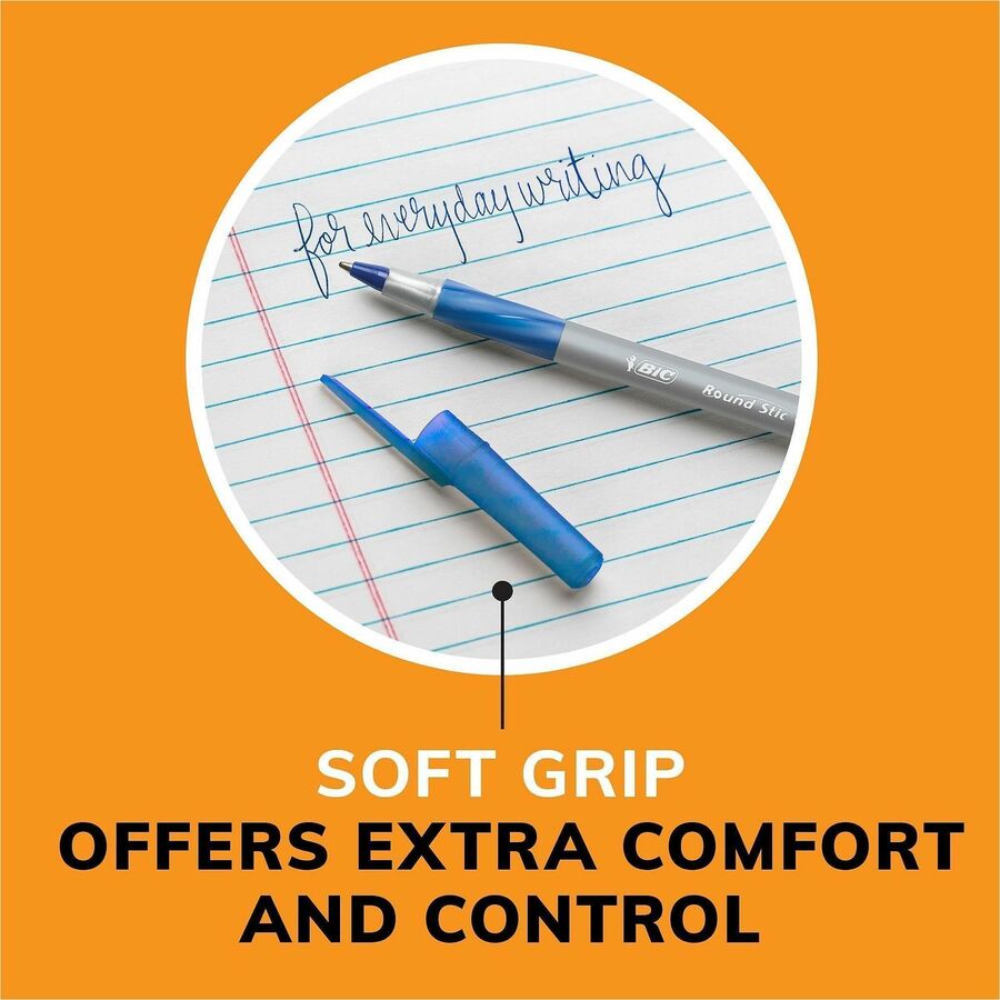 BIC Round Stic Grip Ballpoint Pen - Medium Pen Point - Blue Ink - Frost Barrel - 1 Dozen