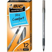 BIC Round Stic Grip Ballpoint Pen - Medium Pen Point - Black Ink - Frost Barrel - 1 Dozen