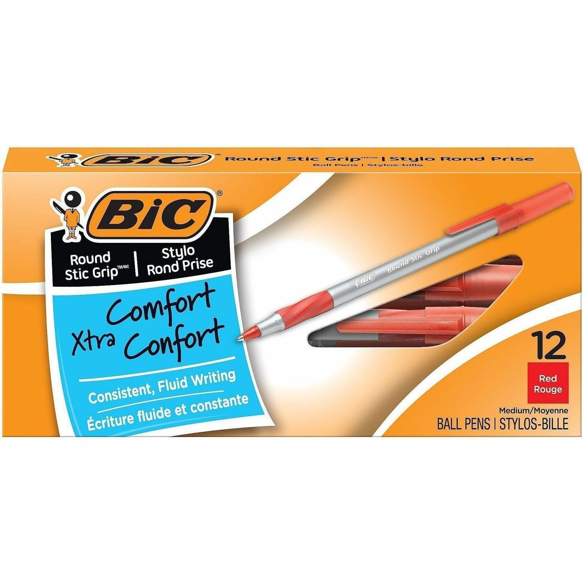 BIC Round Stic Grip Ballpoint Pen - Medium Pen Point - Red Ink - Frost Barrel - 1 Dozen