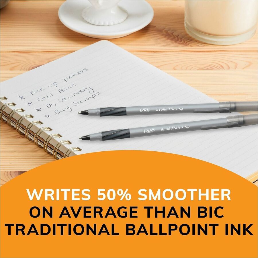 BIC Round Stic Grip Ballpoint Pen - Medium Pen Point - Red Ink - Frost Barrel - 1 Dozen