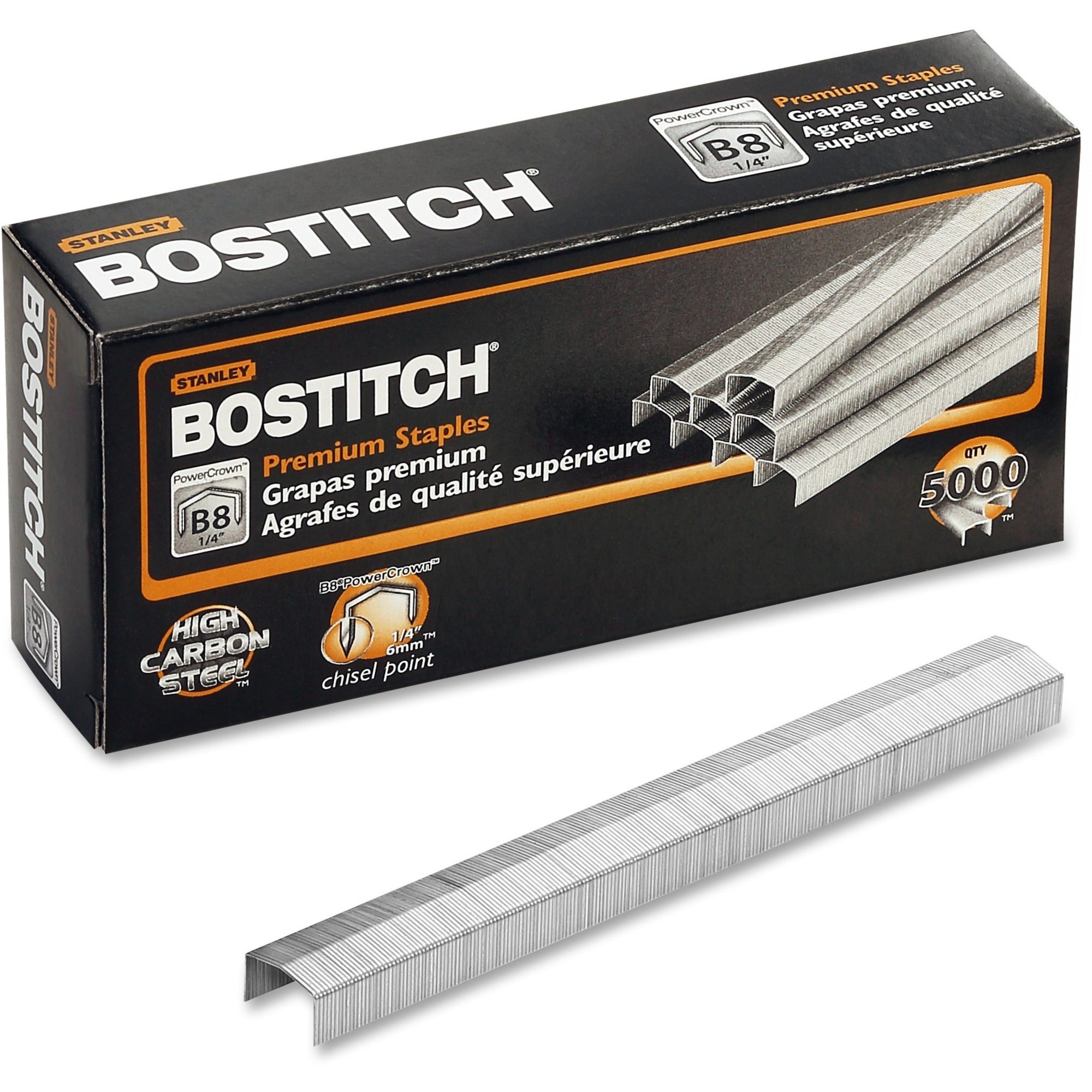 Bostitch PowerCrown Premium Staples - 1/4" Leg - 1/2" Crown - Chisel Point - Silver - High Carbon Steel - 1.1" Height x 0.5" Width x 0.3" Length - 210 Per Strip - 1 Box