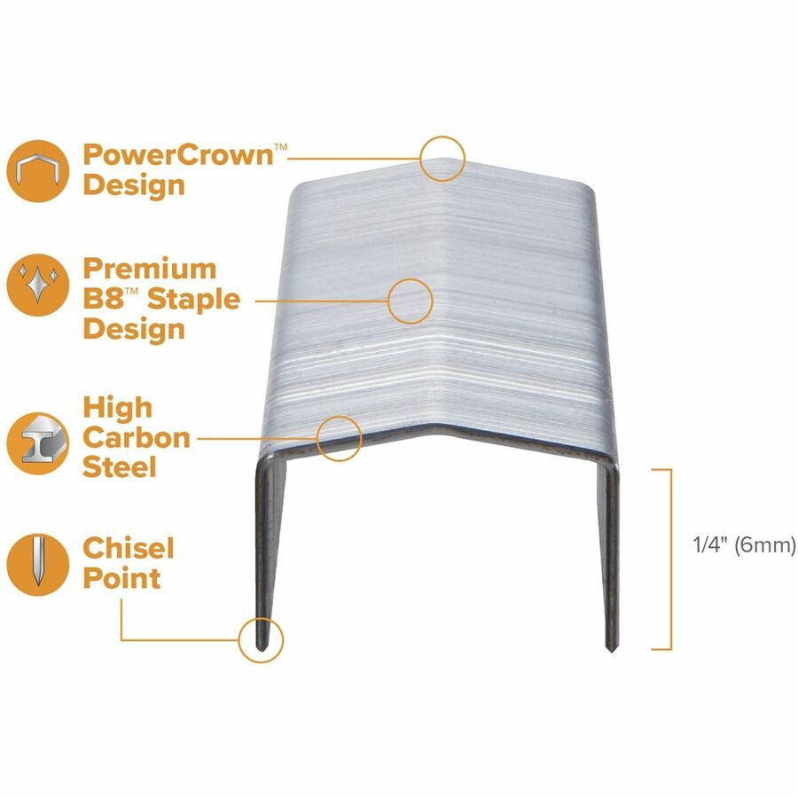 Bostitch PowerCrown Premium Staples - 1/4" Leg - 1/2" Crown - Chisel Point - Silver - High Carbon Steel - 1.1" Height x 0.5" Width x 0.3" Length - 210 Per Strip - 1 Box