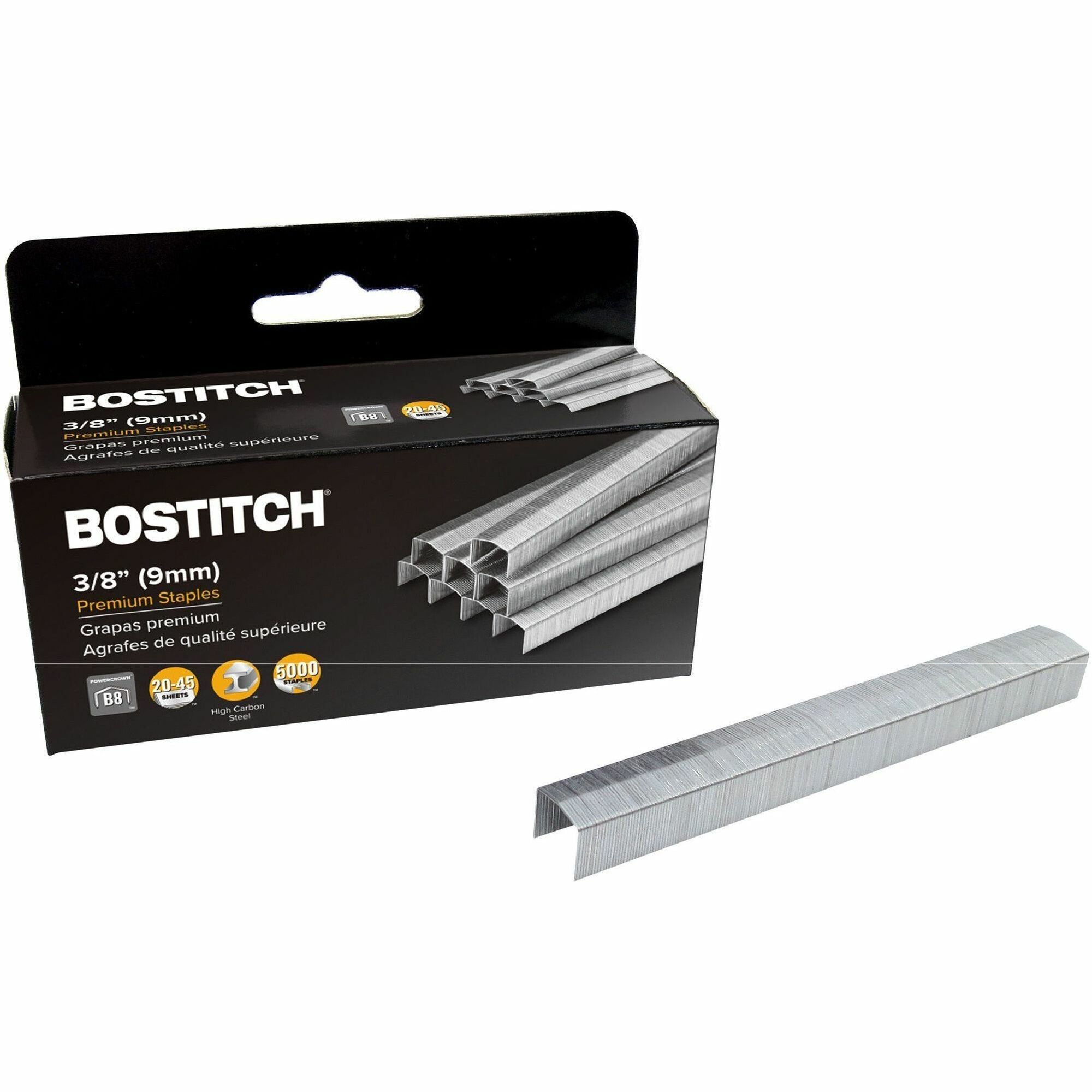 3/8" Leg - 1/2" Crown - Holds 45 Sheet(s) - Chisel Point - Silver - High Carbon Steel - 2" Height x 0.5" Width x 0.4" Length - 210 Per Strip - 5000 / Box