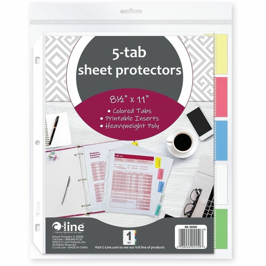 C-Line Top-Loading Sheet Protectors, Assorted Colors, Polypropylene, Letter Size, 5 Tabs, 1 Set