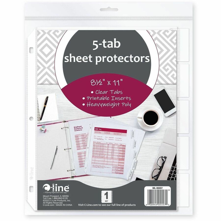 C-Line Top-Loading Sheet Protectors, Letter Size, Clear Polypropylene, 5 Tabs, 1 Set