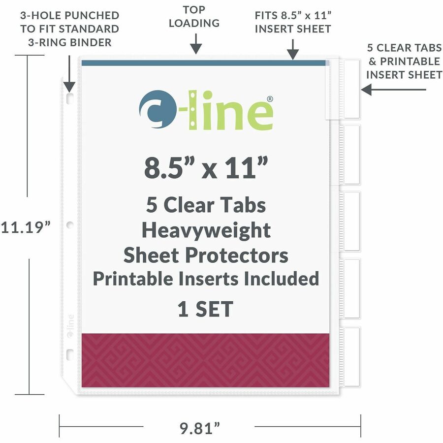 C-Line Top-Loading Sheet Protectors, Letter Size, Clear Polypropylene, 5 Tabs, 1 Set