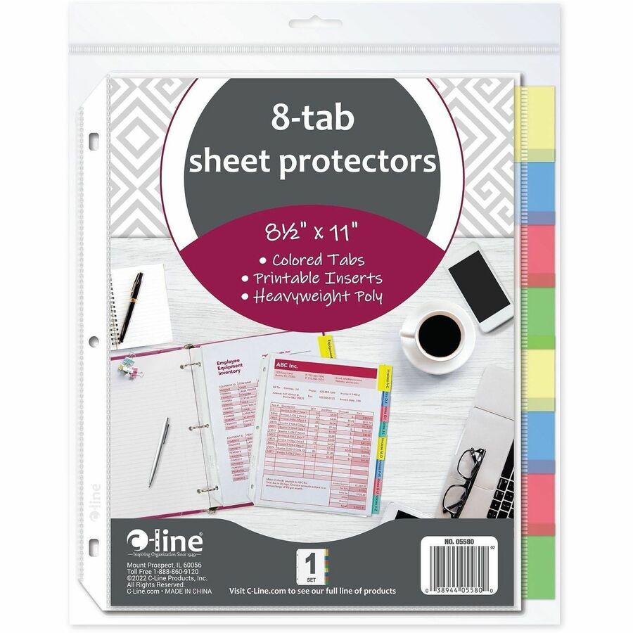 C-Line Top-Loading Sheet Protectors, Assorted Colors, Polypropylene, Letter Size, 8 Tabs, 1 Set