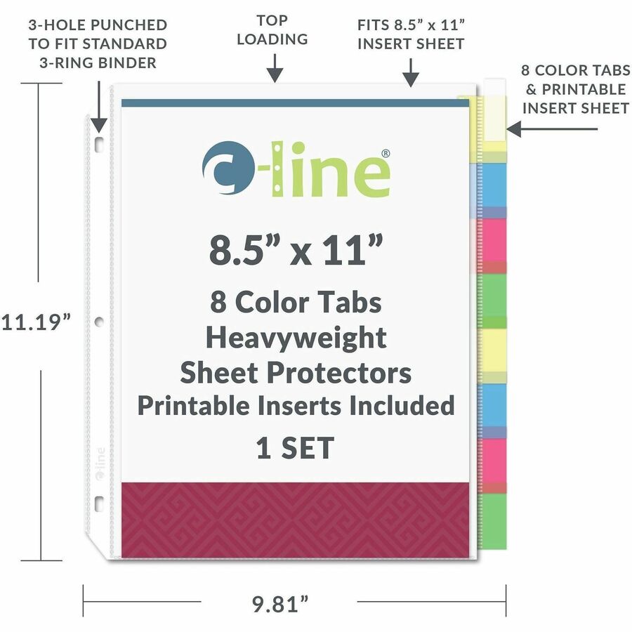 C-Line Top-Loading Sheet Protectors, Assorted Colors, Polypropylene, Letter Size, 8 Tabs, 1 Set