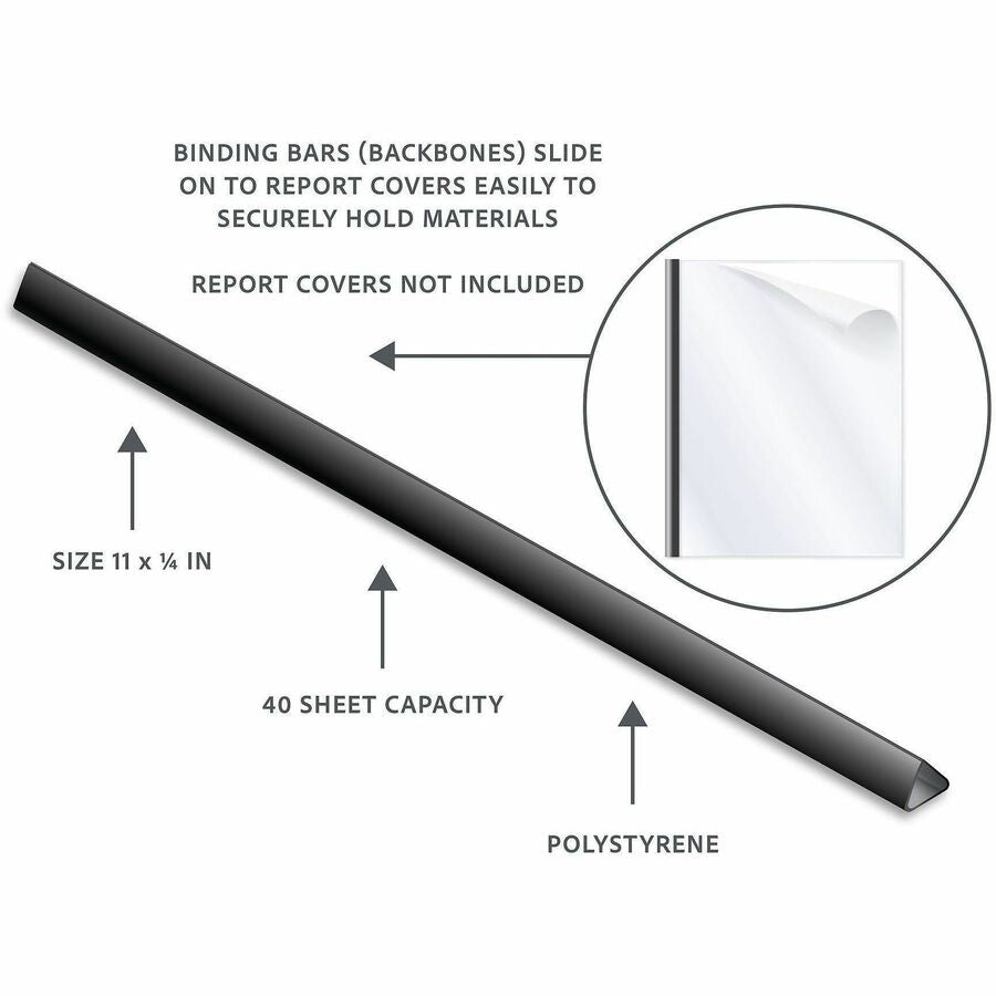 C-Line Slide-on Binding Bars - 11" Height x 0.3" Width x 2" Length - 0.25" Maximum Capacity - 40 x Sheet Capacity - Black - 100 / Box