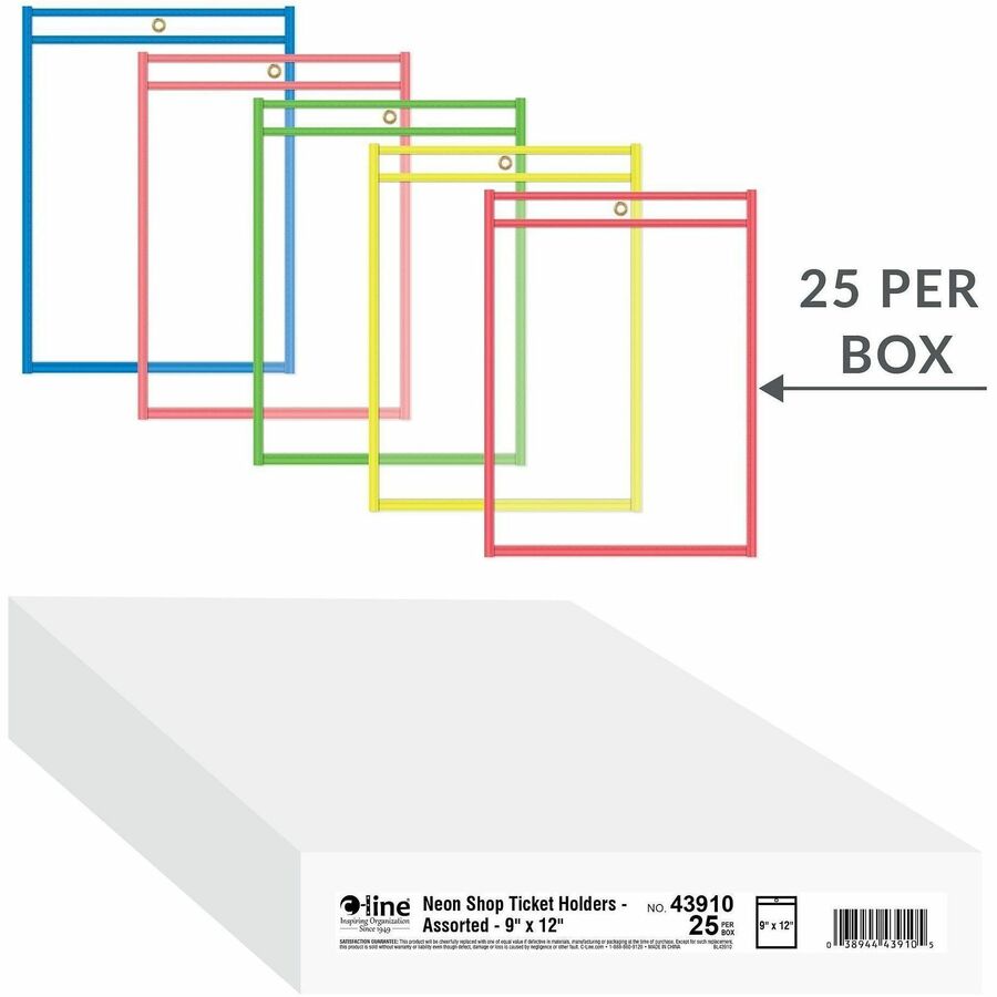 C-Line Neon Colored Stitched Shop Ticket Holders - Support 9" x 12" Media - Vinyl - Clear, Assorted - Sturdy - 25 / Box