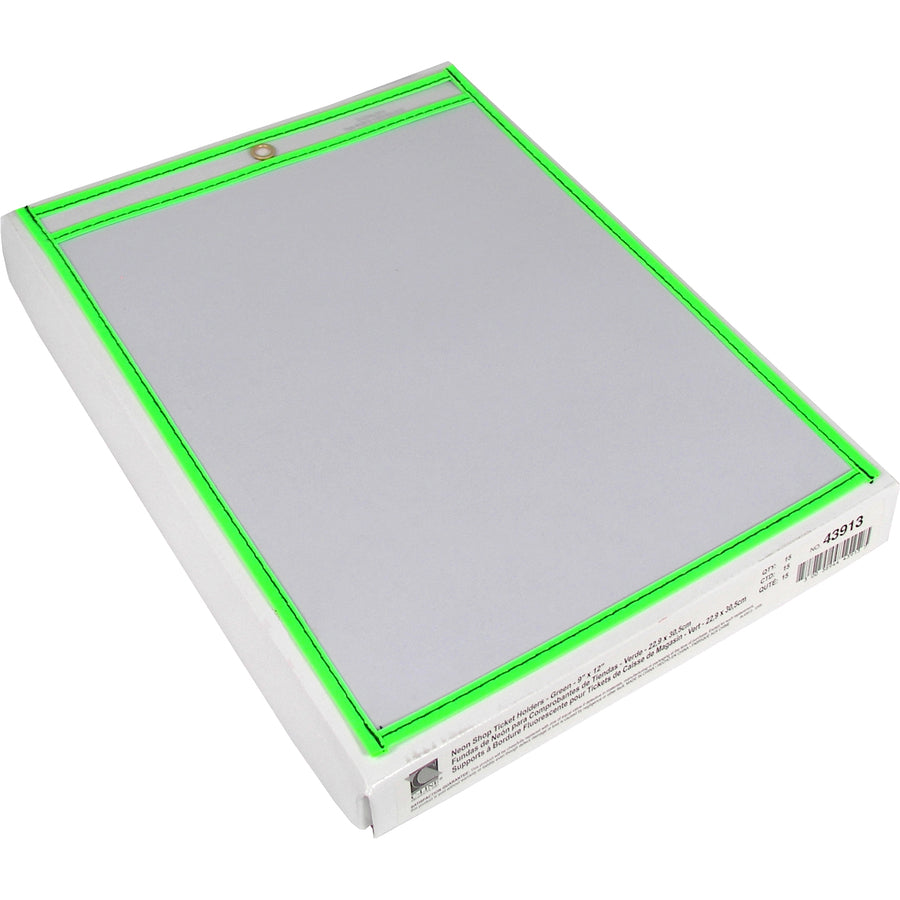C-Line Neon Colored Stitched Shop Ticket Holders - Support 9" x 12" Media - Vinyl - Clear, Neon Green - Sturdy - 1 Each