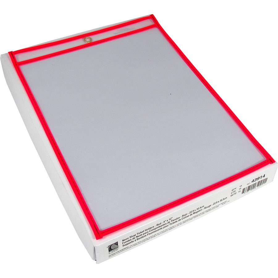 C-Line Neon Colored Stitched Shop Ticket Holders - Support 9" x 12" Media - Vinyl - Clear, Neon Red - Sturdy - 1 Each