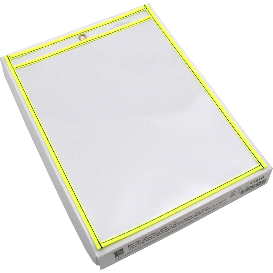 C-Line Neon Colored Stitched Shop Ticket Holders - Support 9" x 12" Media - Vinyl - Clear, Neon Yellow - Sturdy - 1 Each