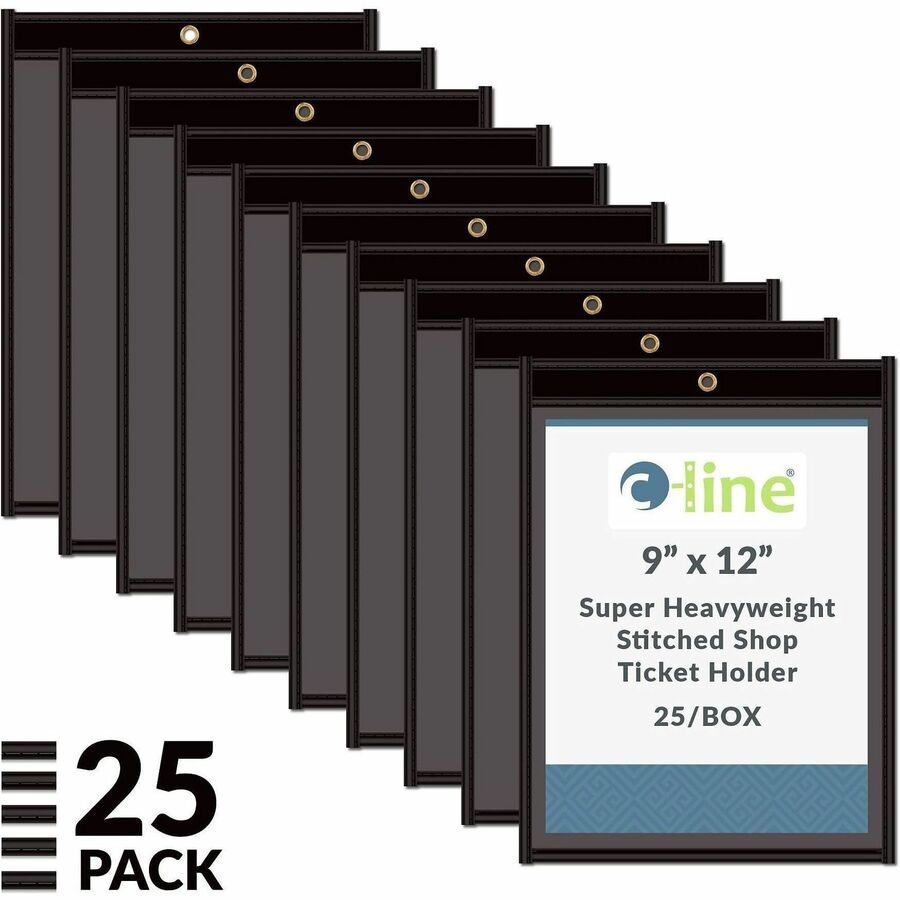 C-Line Vinyl File Pocket - 9" x 12" - Pressboard, Vinyl, Metal - Clear, Black - Reinforced, Heavy Duty - 25 / Box