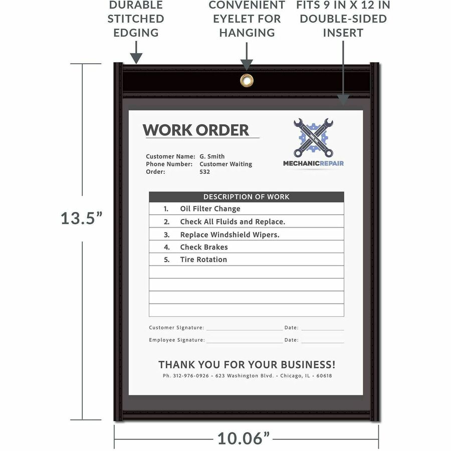 C-Line Vinyl File Pocket - 9" x 12" - Pressboard, Vinyl, Metal - Clear, Black - Reinforced, Heavy Duty - 25 / Box